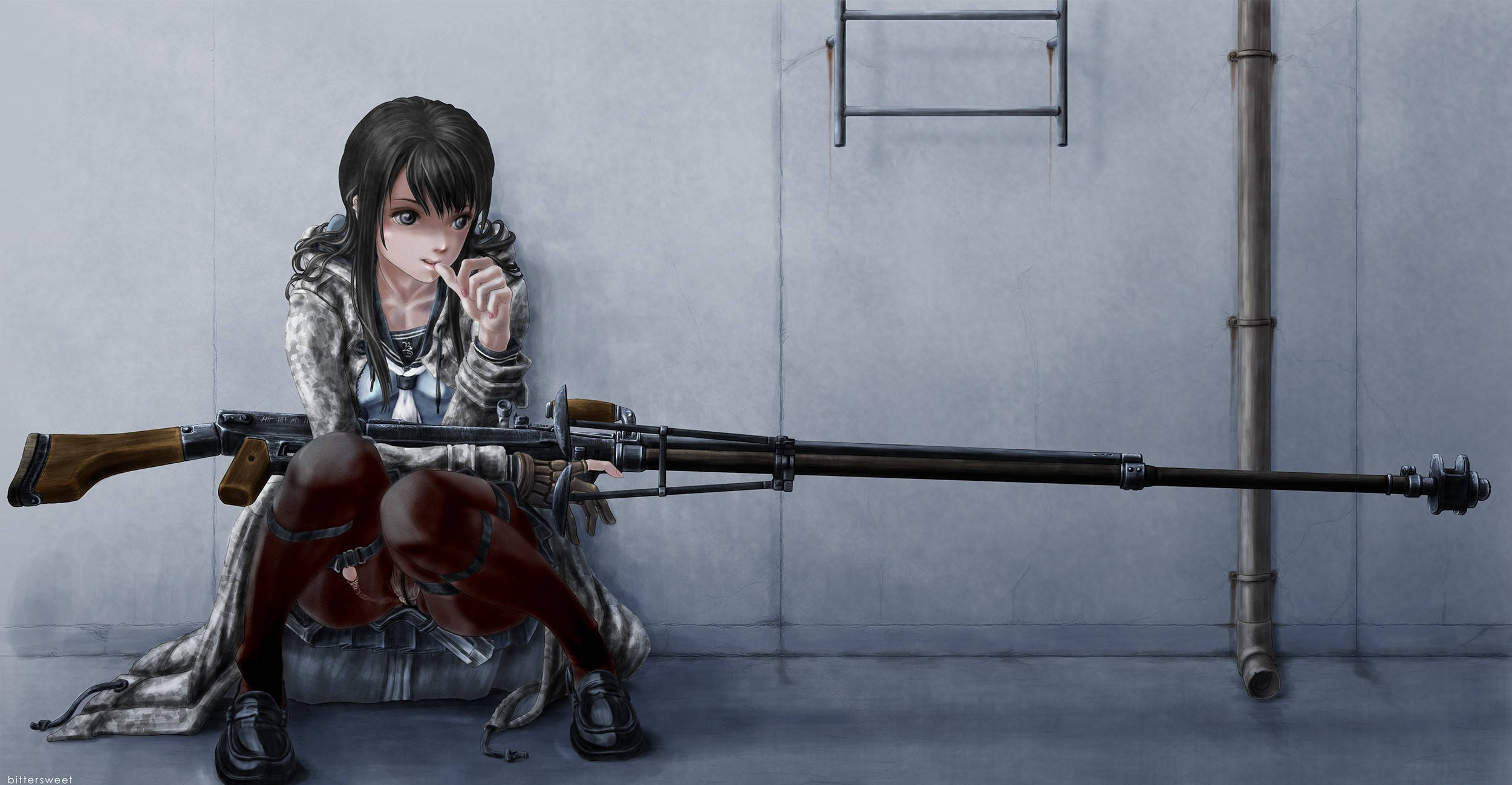 anime girl, fur coat, concrete wall, Full HD Desktop Wallpaper