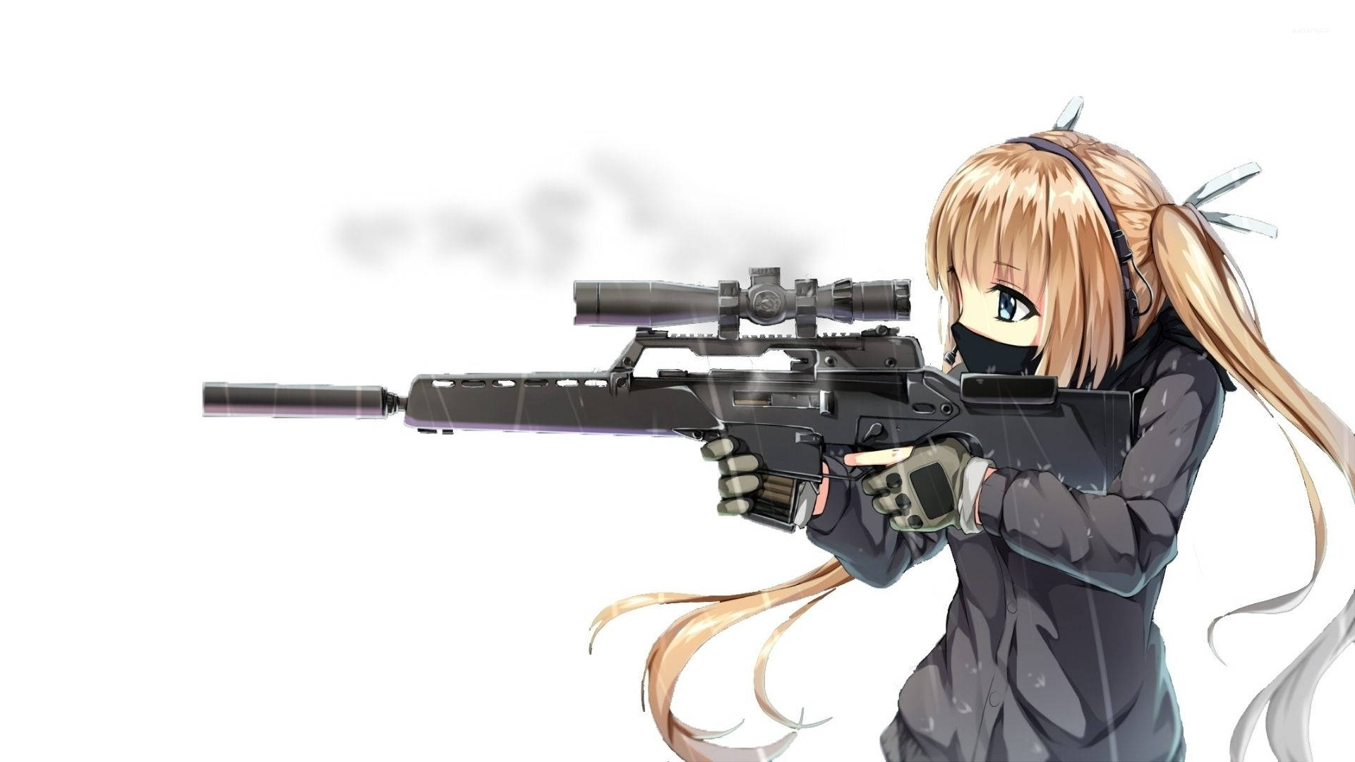blonde anime sniper girl, blonde pigtails, black sniper rifle, Full HD Desktop Wallpaper
