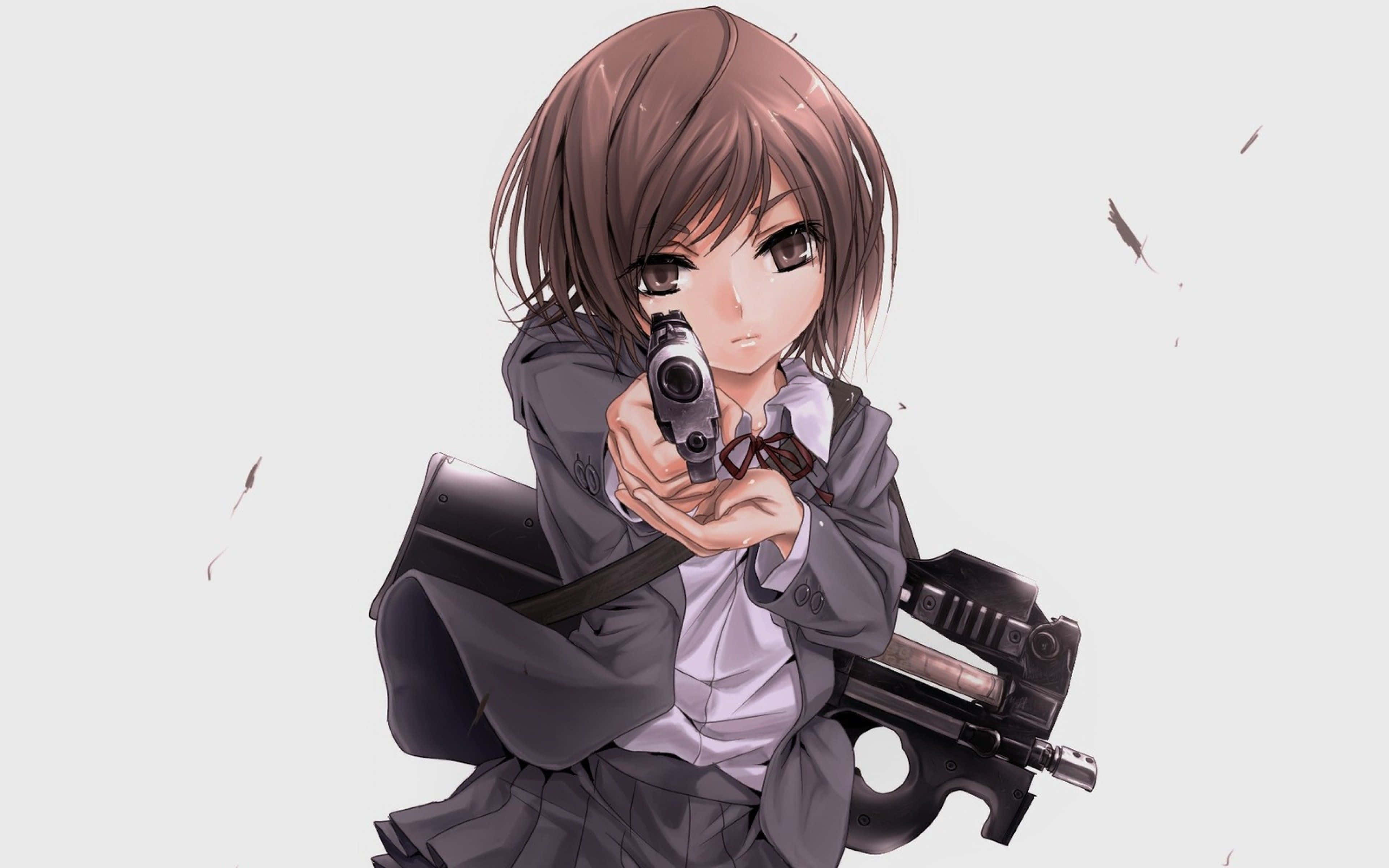 anime girl, brown hair, pistol, 4K Desktop Wallpaper