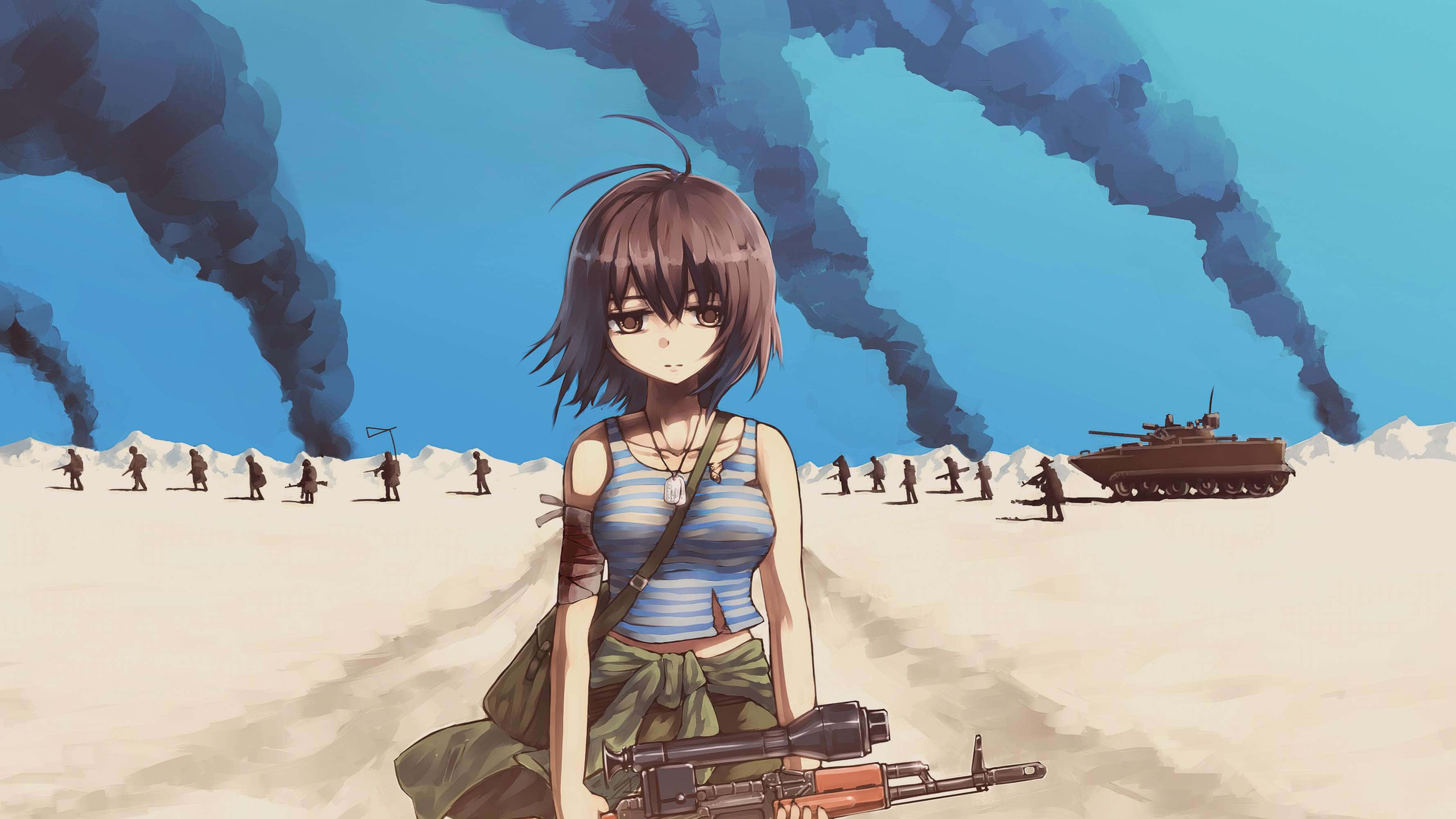 anime girl, brown hair, rifle, 2K Desktop Wallpaper