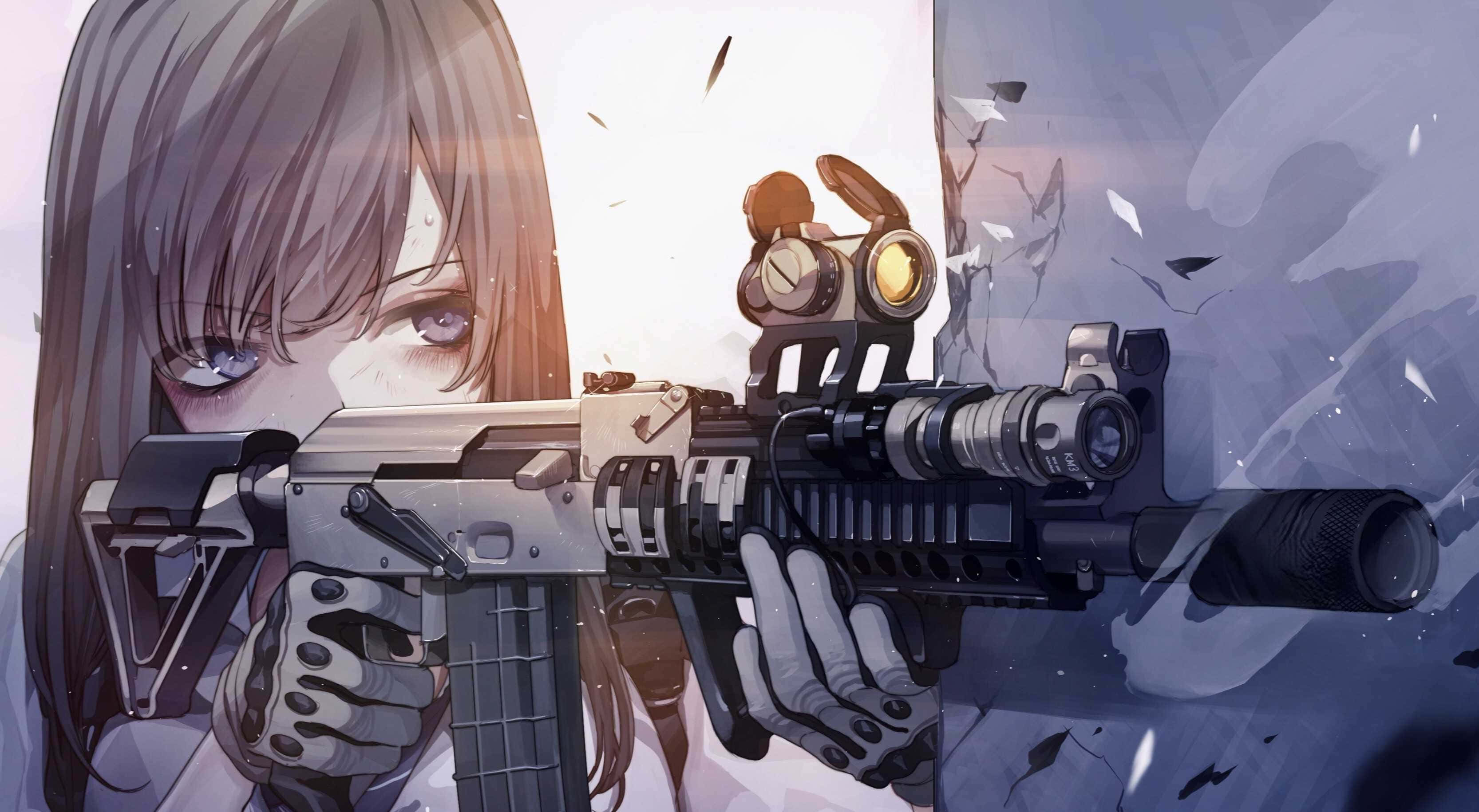 anime girl, long brown hair, assault rifle, 2K Desktop Wallpaper