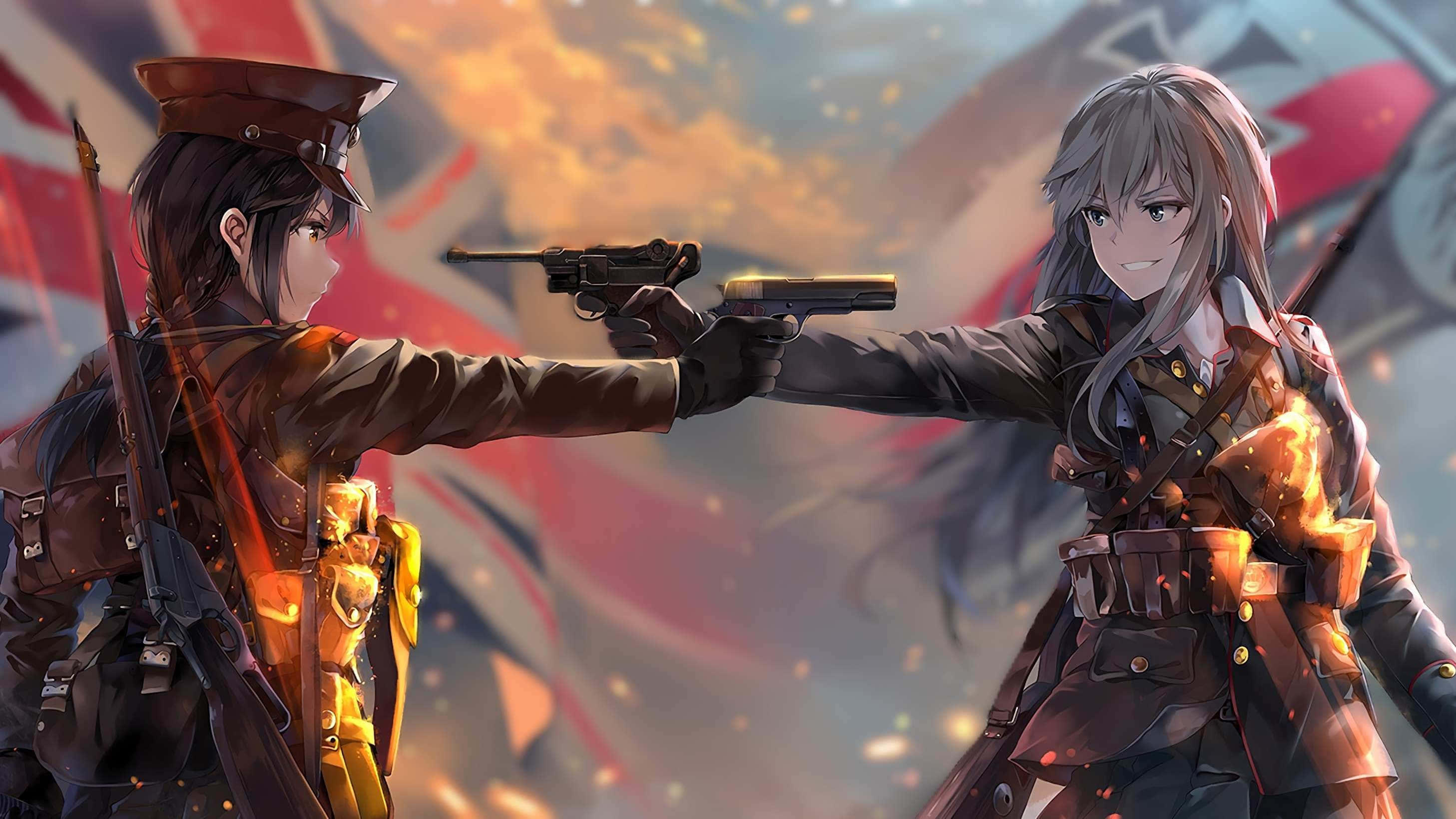 anime girls standoff, anime-style soldiers, military uniforms, 2K Desktop Wallpaper