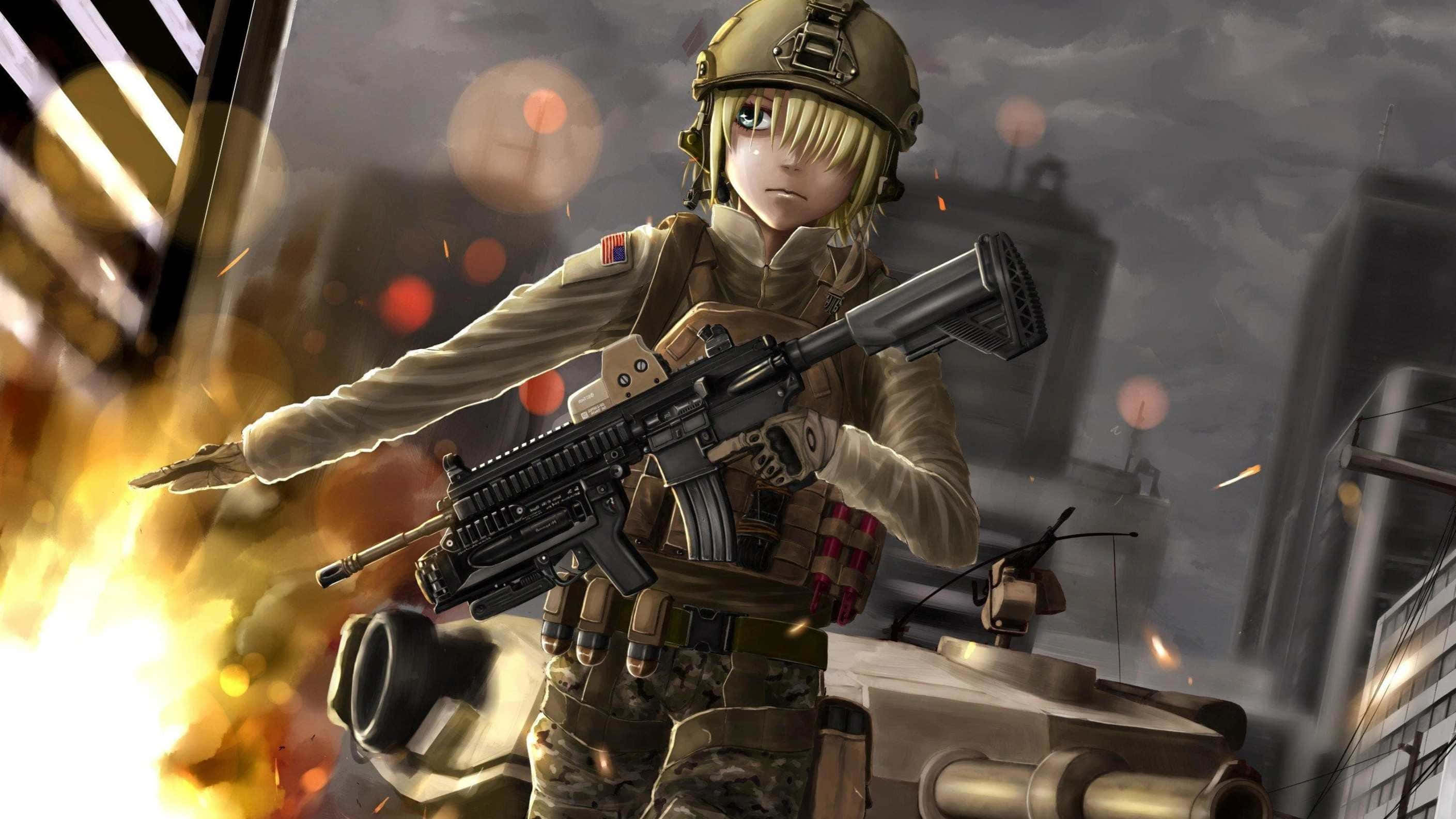 anime girl, tactical shooter, blonde anime soldier, 2K Desktop Wallpaper