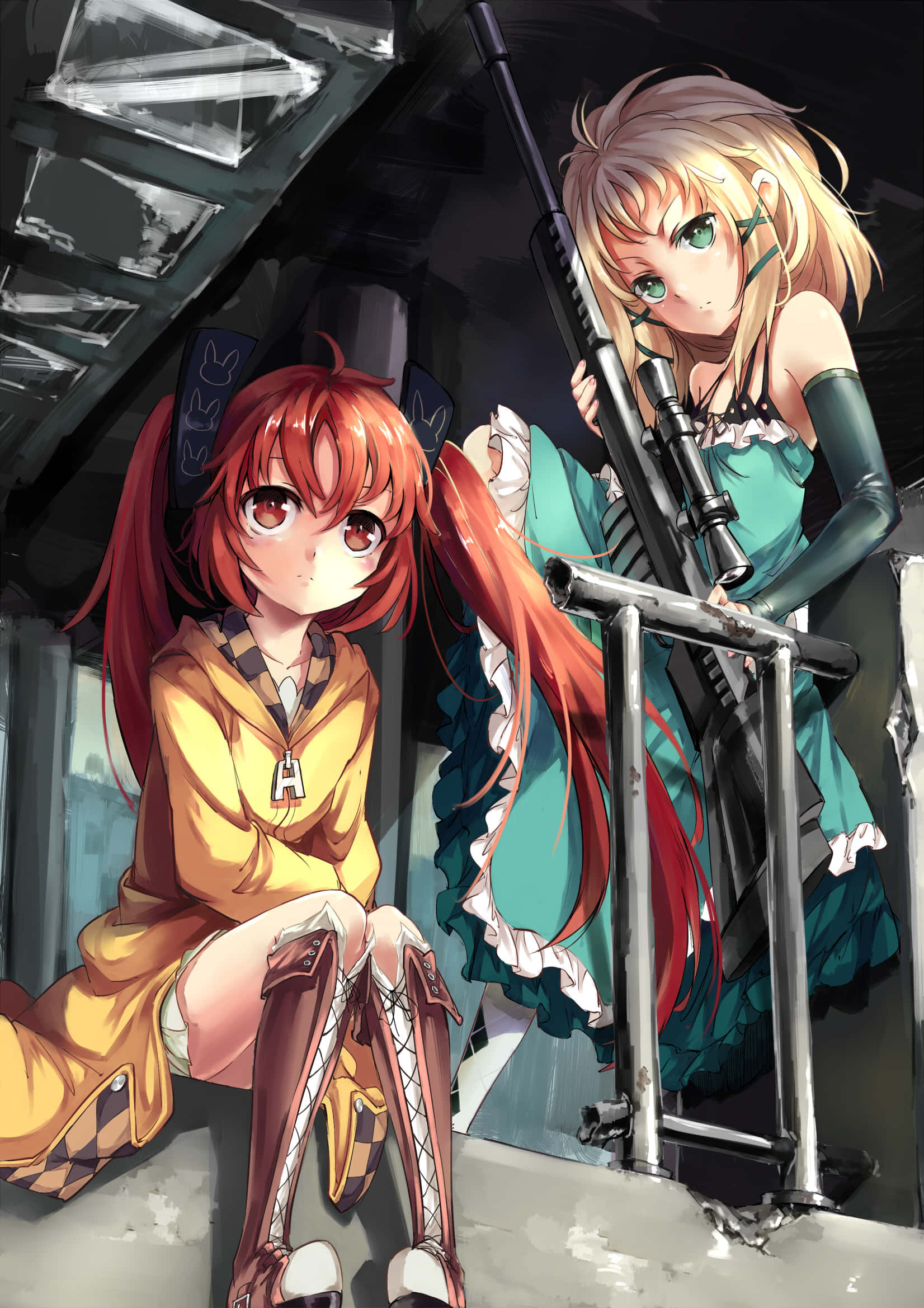 anime girls, sniper rifle, yellow hoodie, Full HD Phone Wallpaper