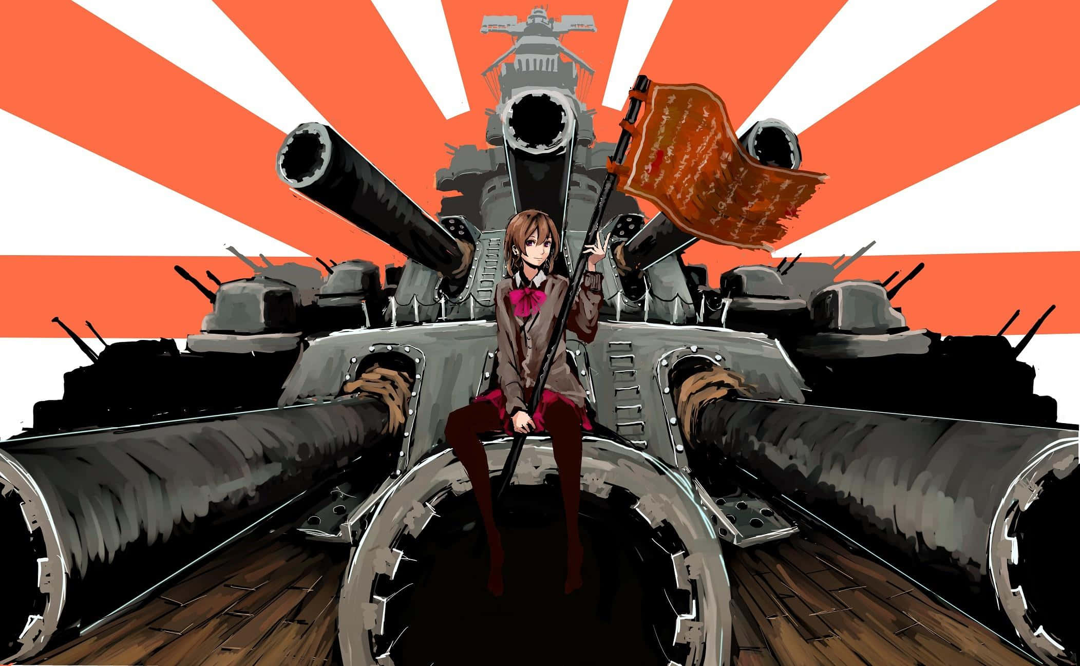 anime girl, battleship's gun turret, tattered flag, Full HD Desktop Wallpaper