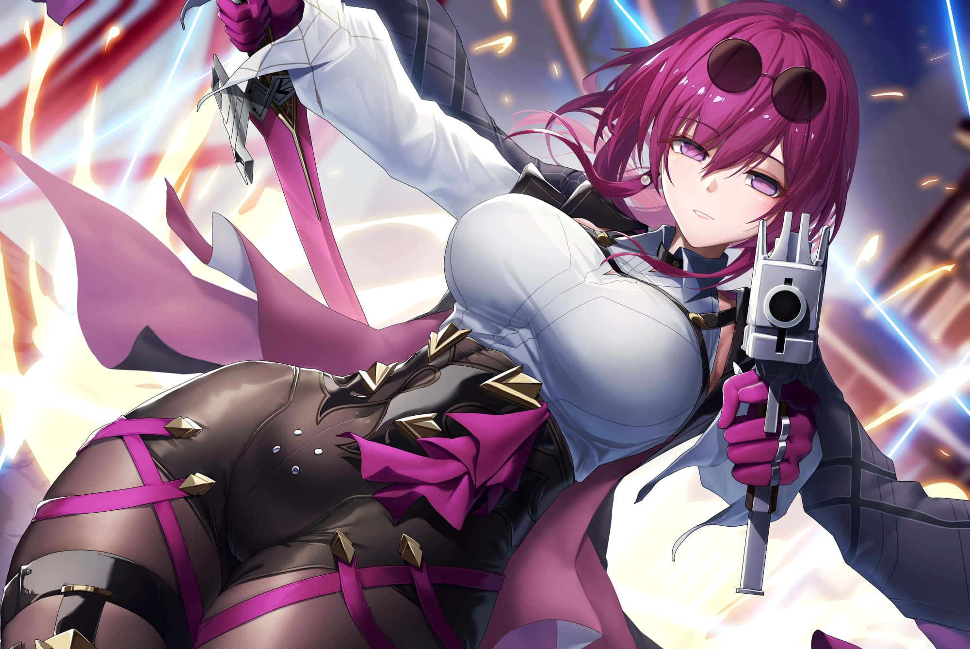 anime girl, pink hair, pistol, Full HD Desktop Wallpaper