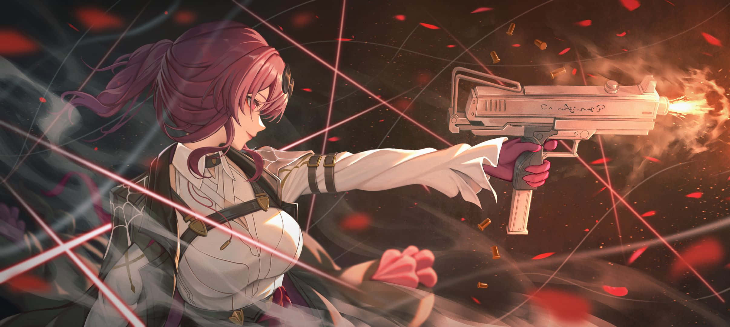 anime girl, purple hair, glowing pistol, Full HD Desktop Wallpaper