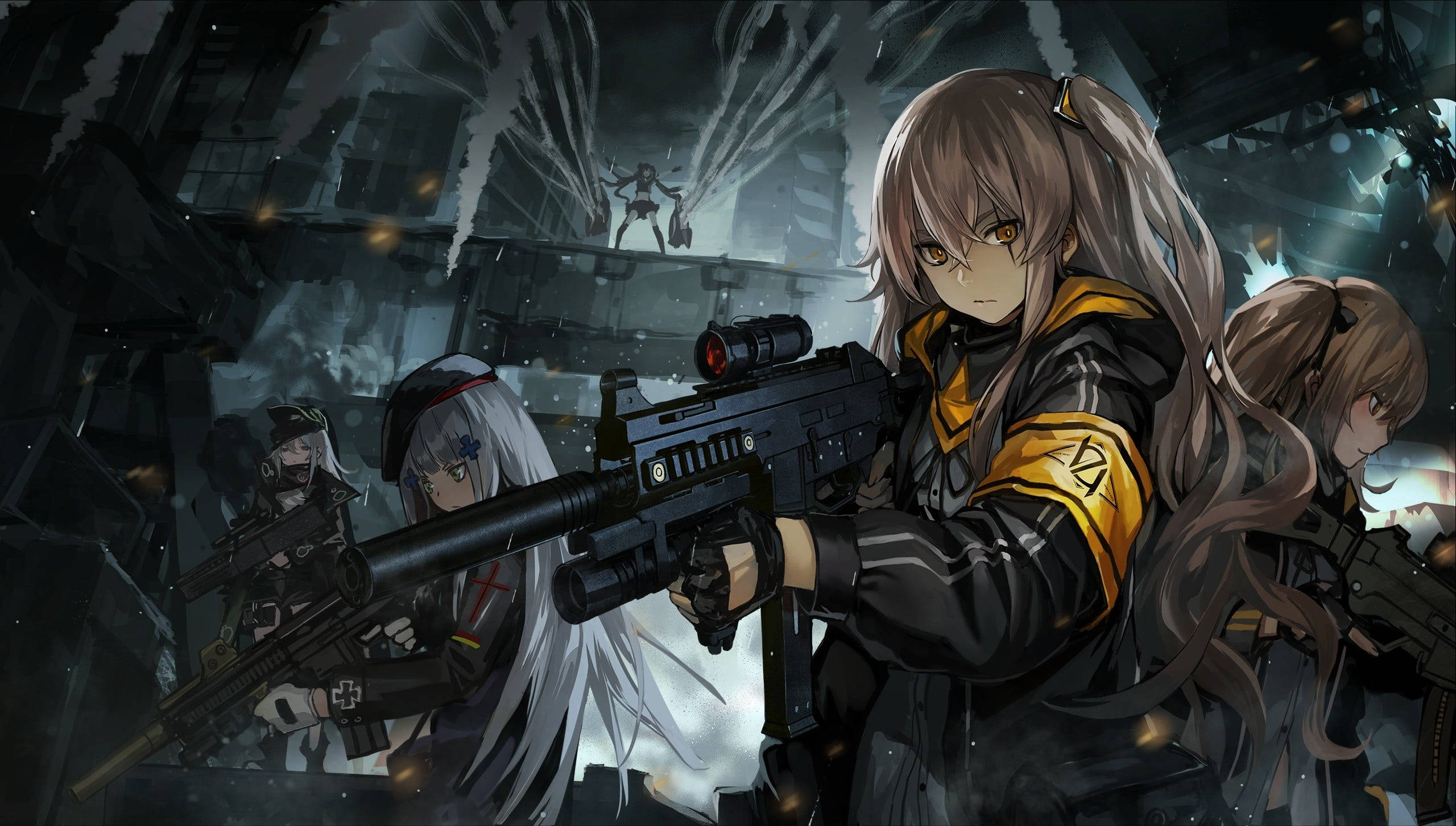 Anime girls, tactical gear, weapons, 2K Desktop Wallpaper