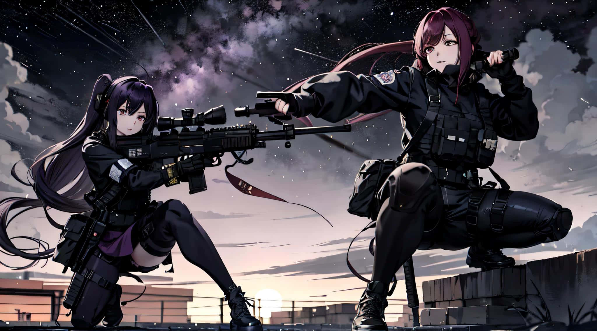 anime girls sniper duel, black tactical gear, rooftop, Full HD Desktop Wallpaper