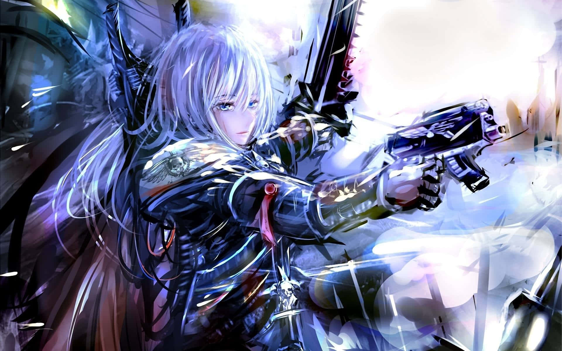 silver-haired anime girl, dark armor, futuristic pistol, Full HD Desktop Wallpaper