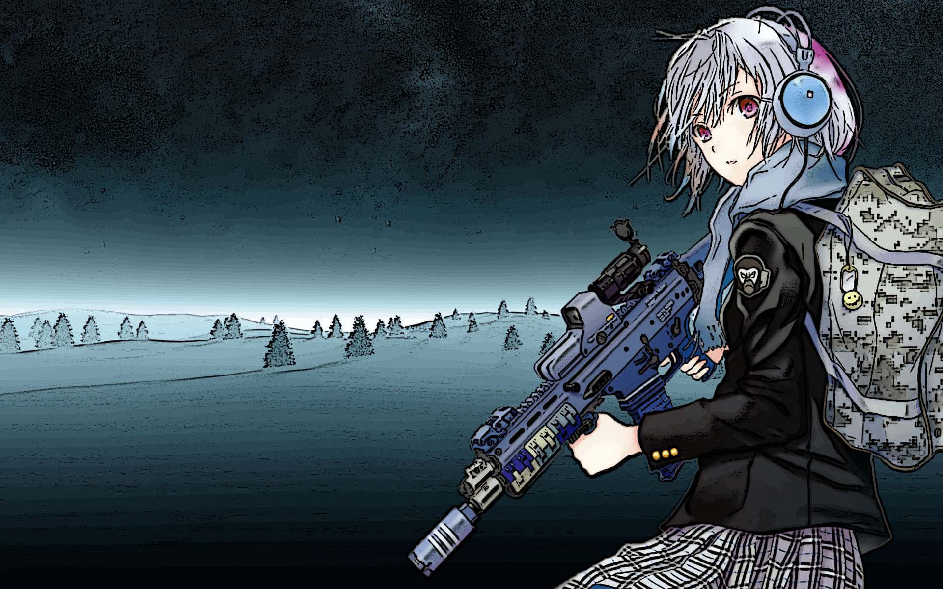silver-haired anime girl, red eyes, blue assault rifle, Full HD Desktop Wallpaper