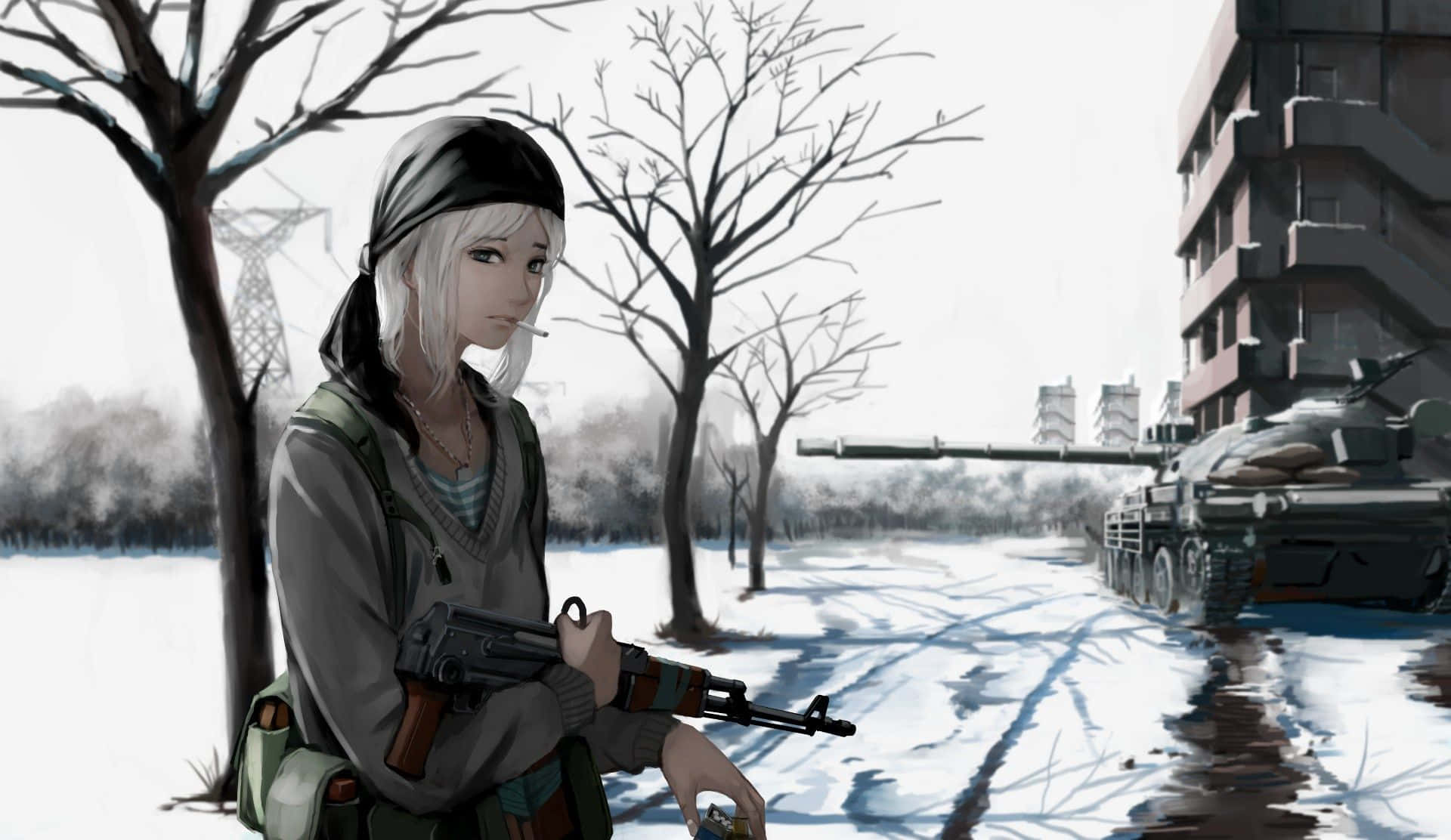 anime girl, winter gear, rifle, Full HD Desktop Wallpaper