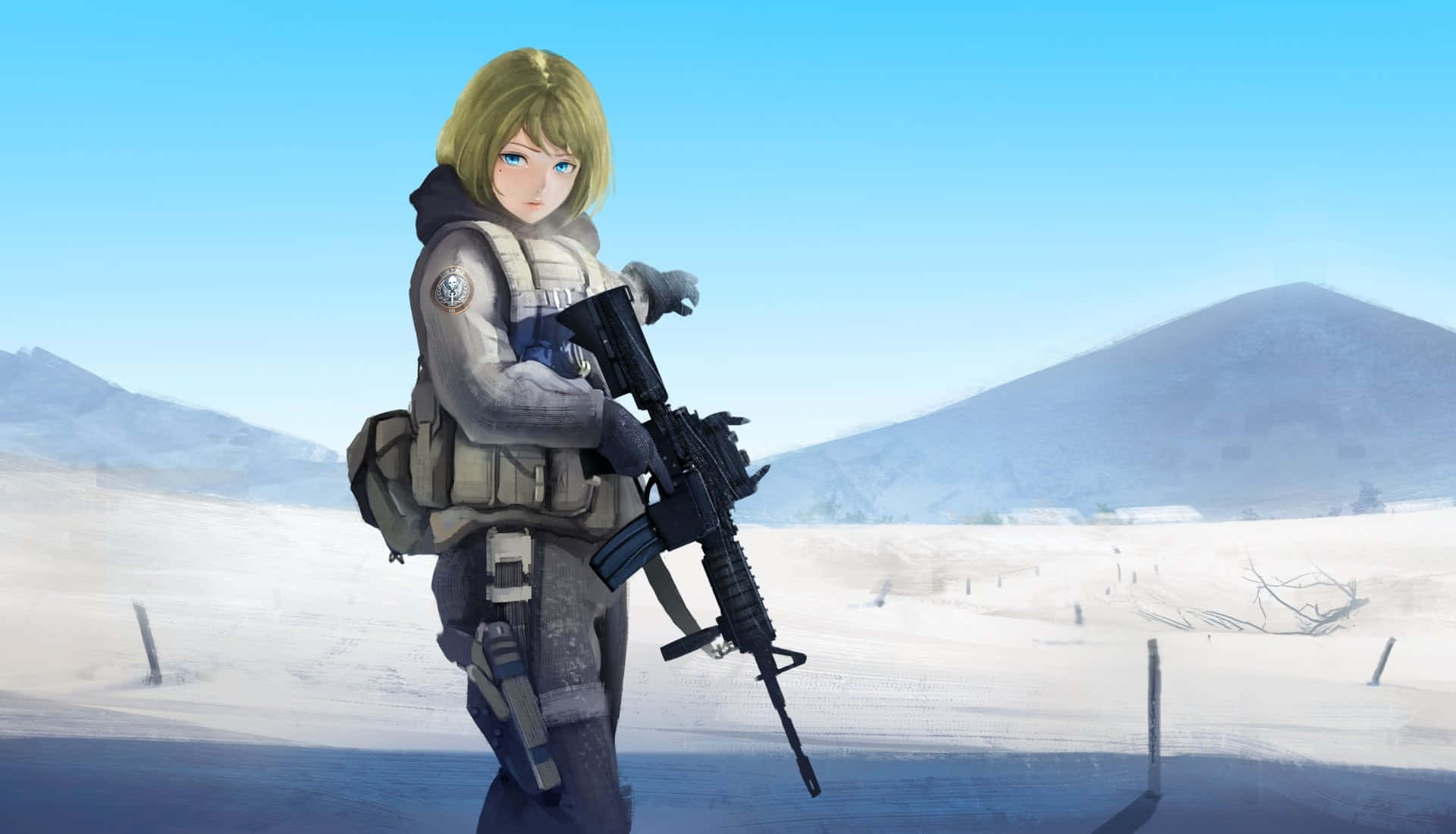 anime girl, tactical gear, assault rifle, Full HD Desktop Wallpaper