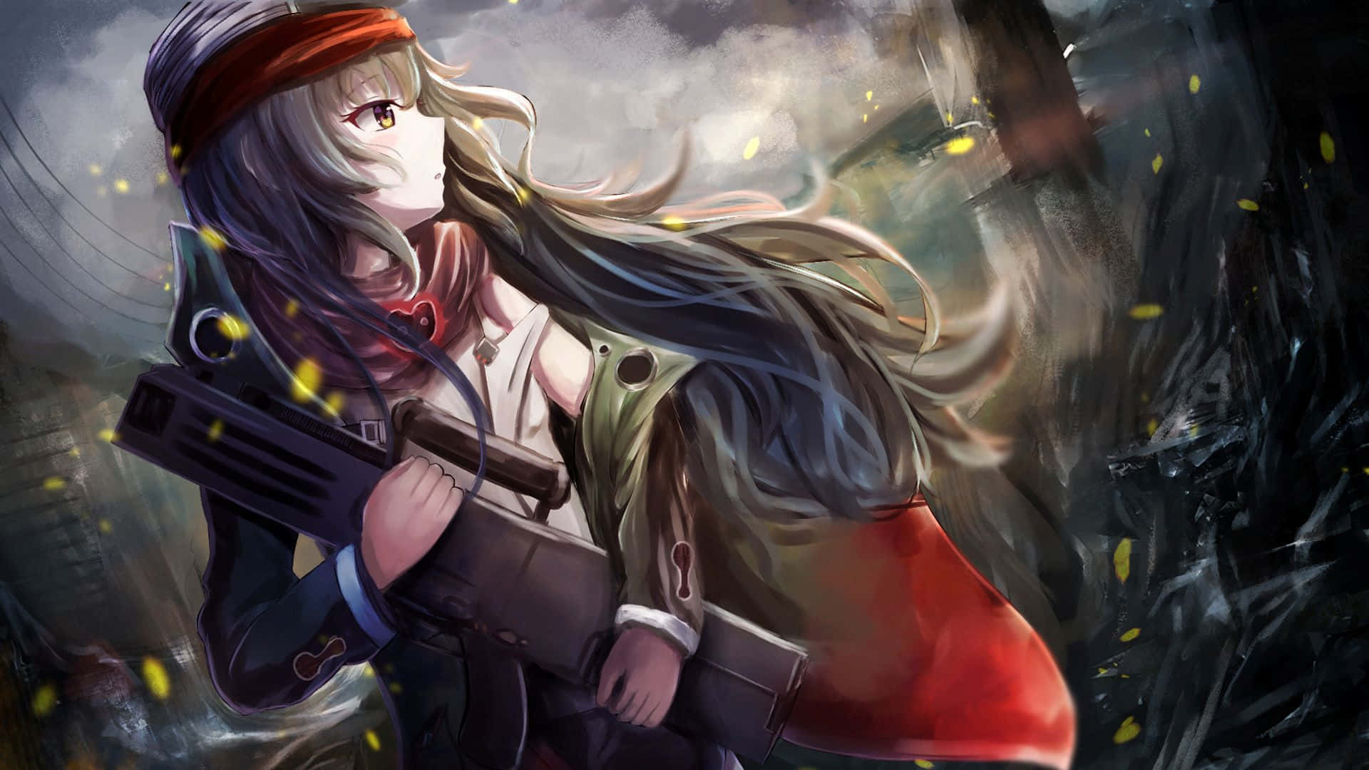 anime girl, long gray hair, red headband, Full HD Desktop Wallpaper