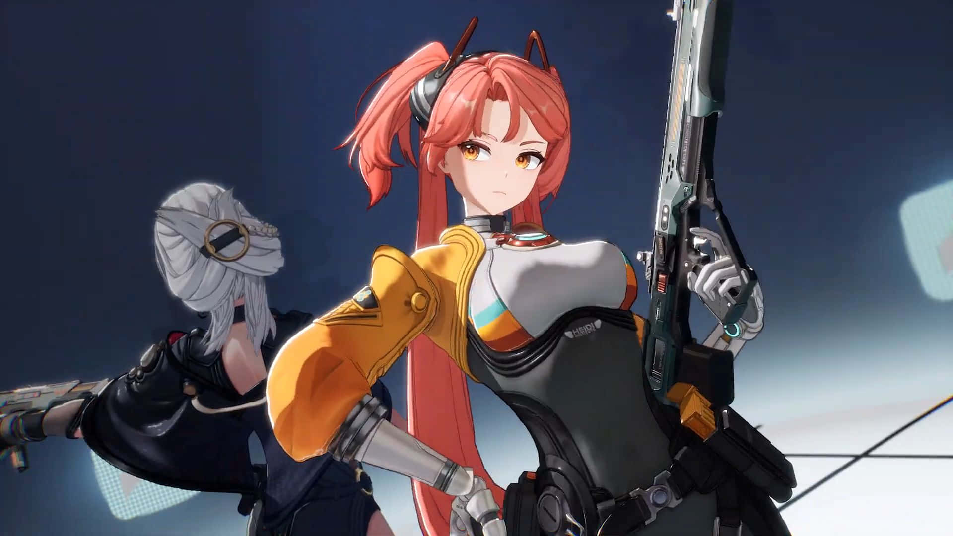 red-haired anime girl, cat ears, futuristic rifle, Full HD Desktop Wallpaper