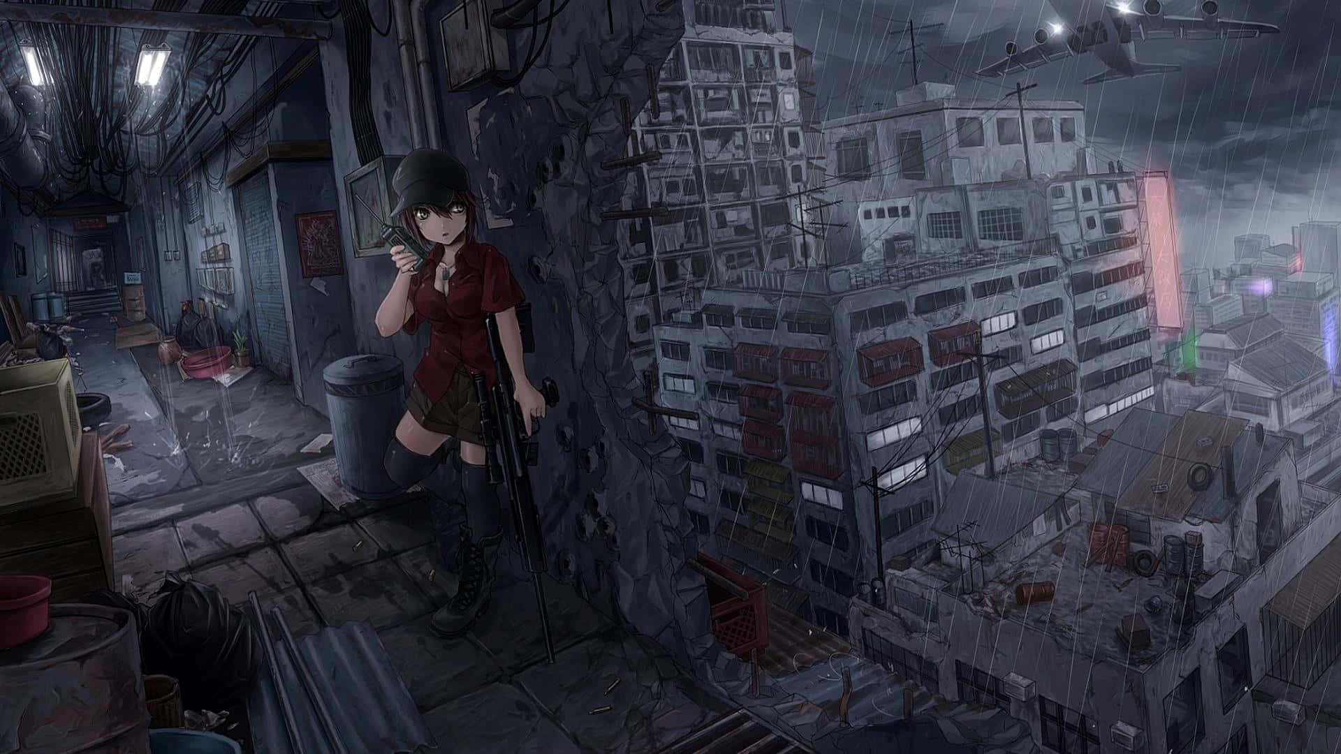 anime girl, red shirt, boots, Full HD Desktop Wallpaper