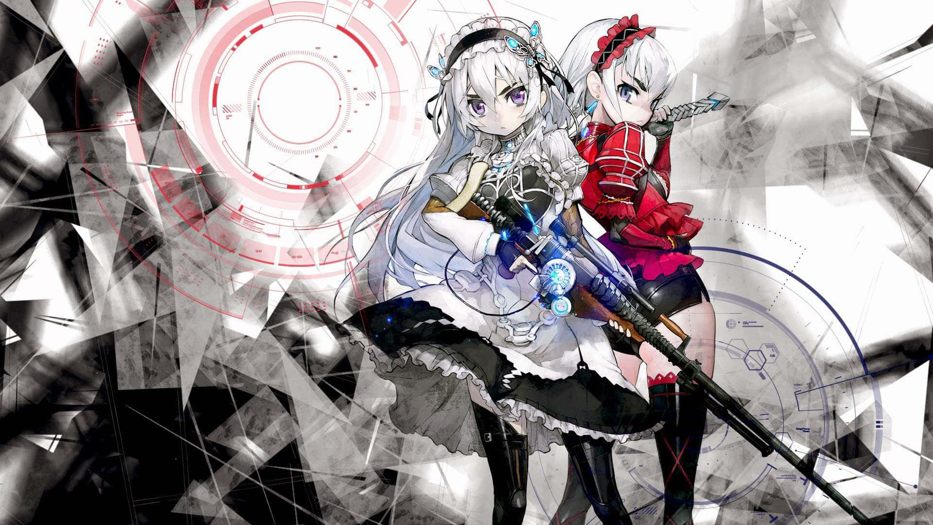 anime girls, maid outfits, futuristic rifles, Full HD Desktop Wallpaper