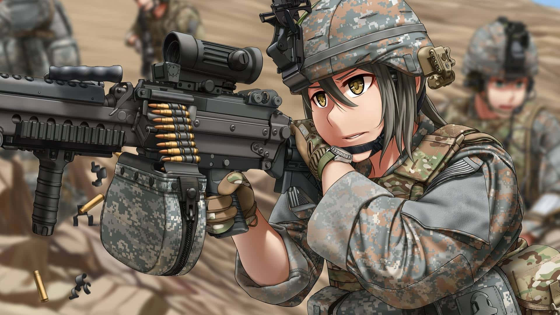 anime-style soldier, camouflage gear, heavy machine gun, Full HD Desktop Wallpaper