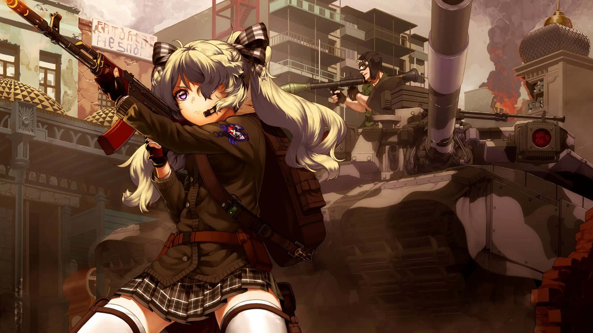 blonde anime girl, plaid skirt, rifle, Full HD Desktop Wallpaper