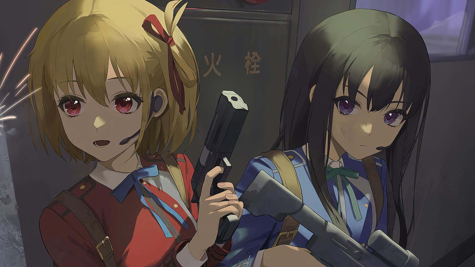 Anime Girls Gun Battle, school uniforms, firearms, Full HD Desktop Wallpaper