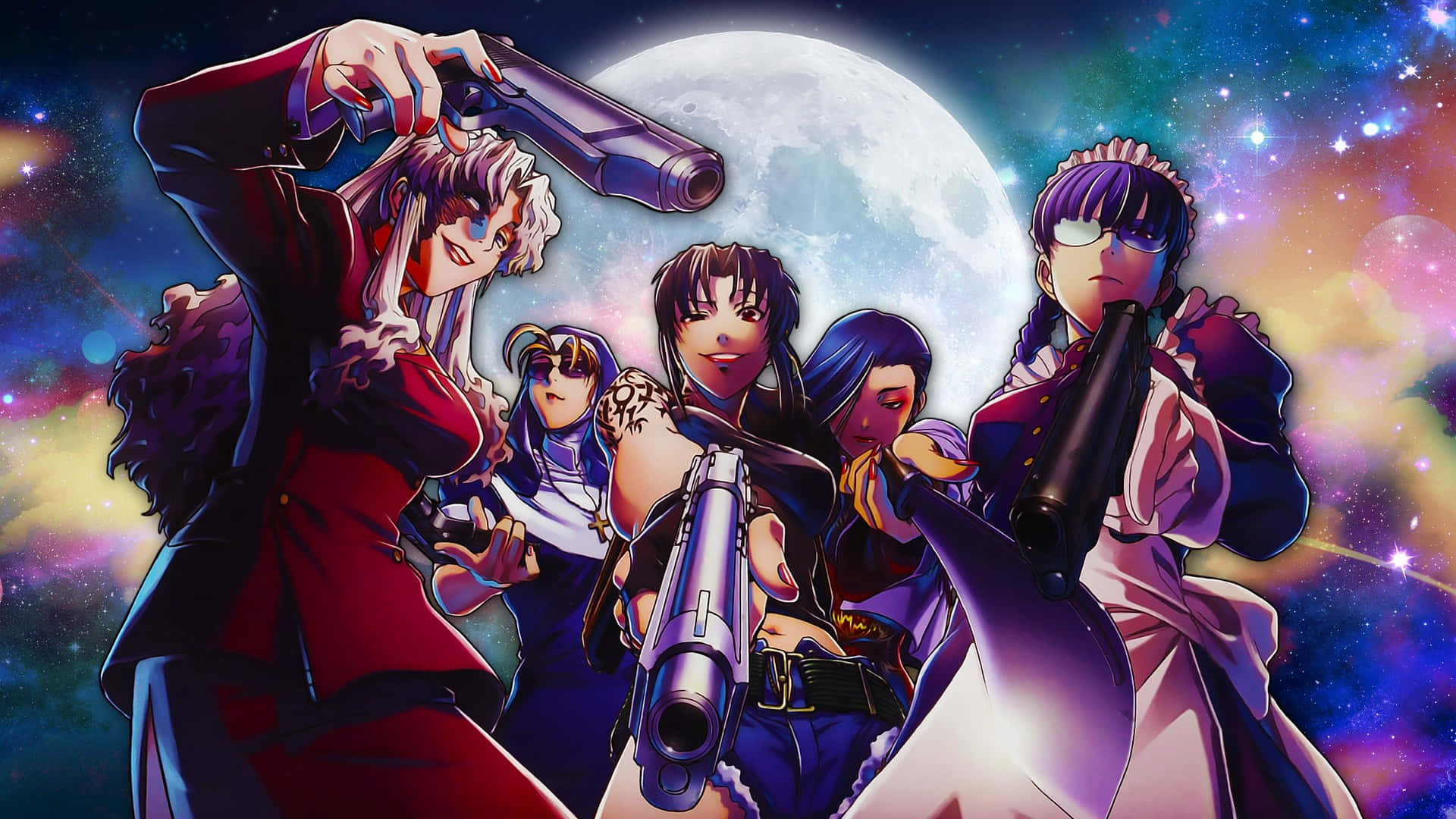 anime gun wielding women, moon, cosmic backdrop, Full HD Desktop Wallpaper