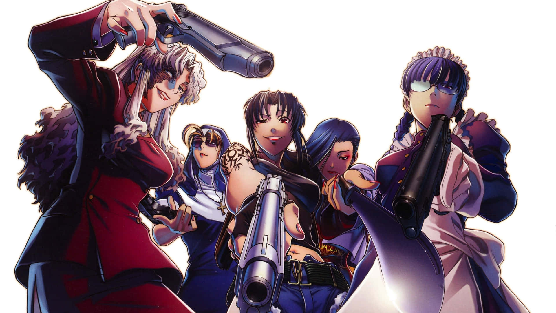 anime characters, dynamic poses, firearms, Full HD Desktop Wallpaper