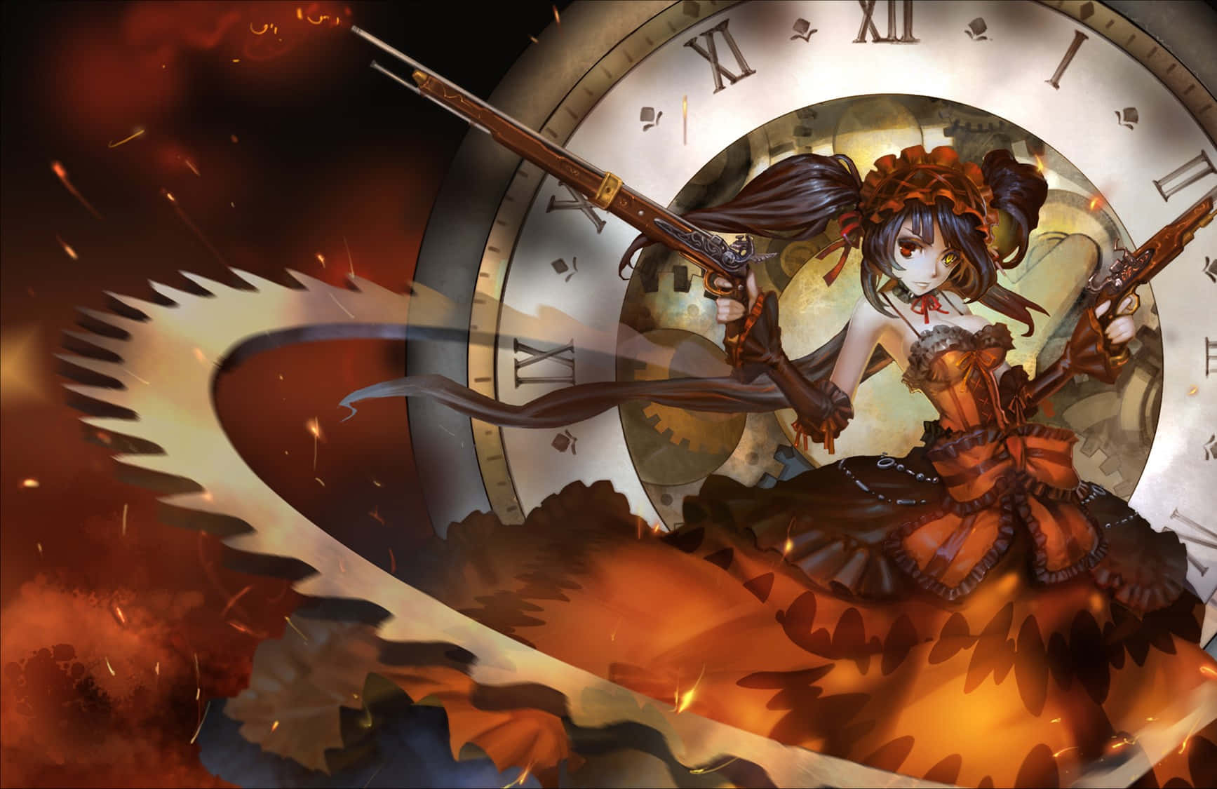 steampunk anime girl, orange dress, dual pistols, HD Desktop Wallpaper