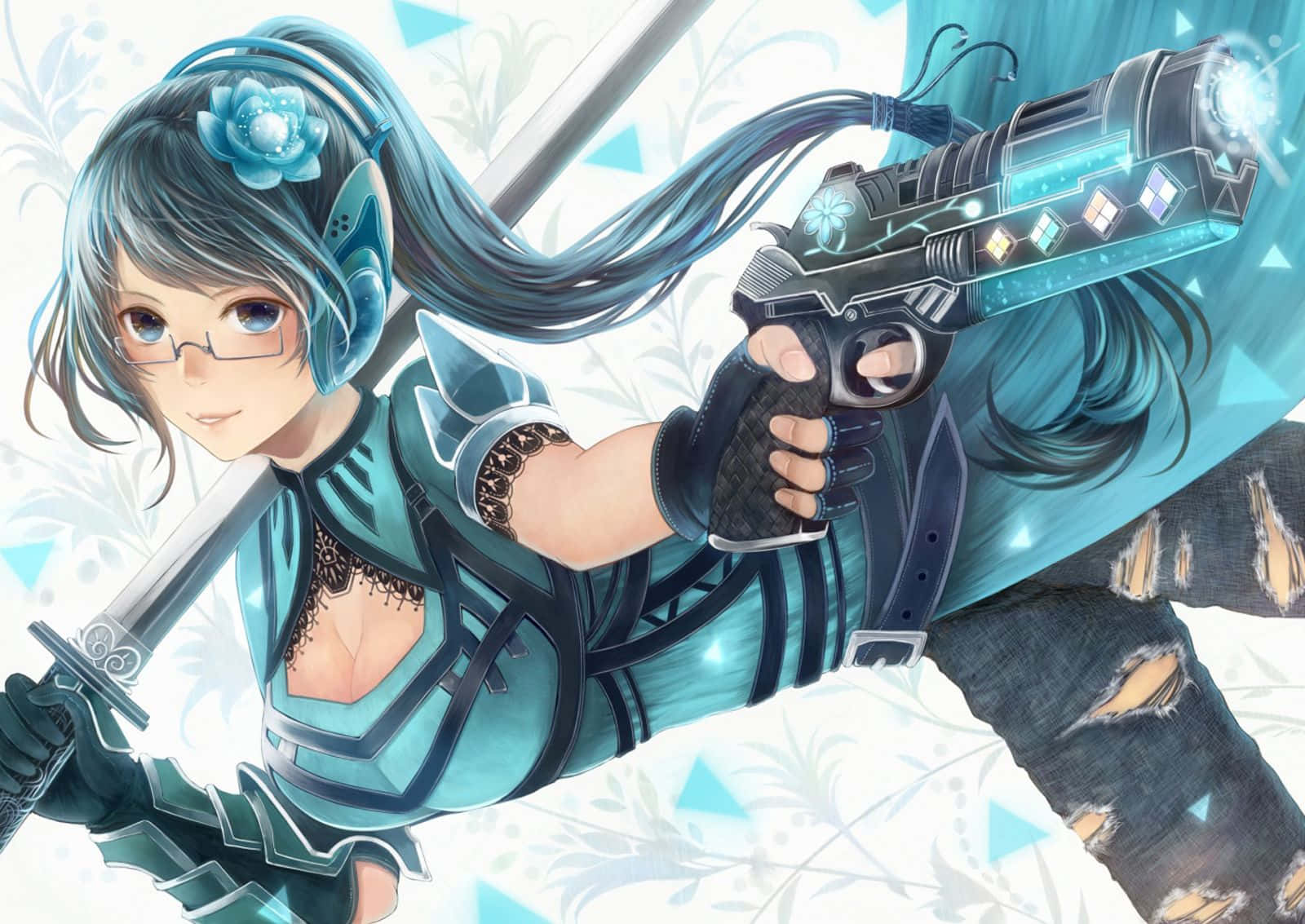blue-haired anime girl, glasses, glowing futuristic pistol, HD Desktop Wallpaper