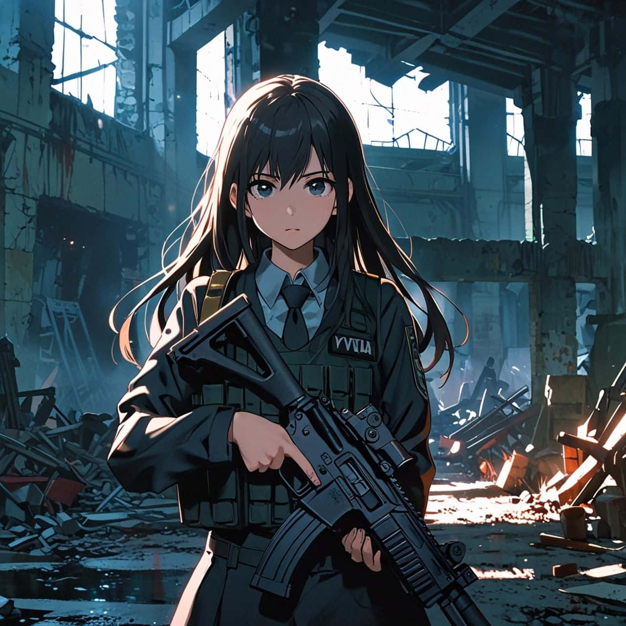 anime girl, long black hair, sunlit ruined building, HD Desktop Wallpaper