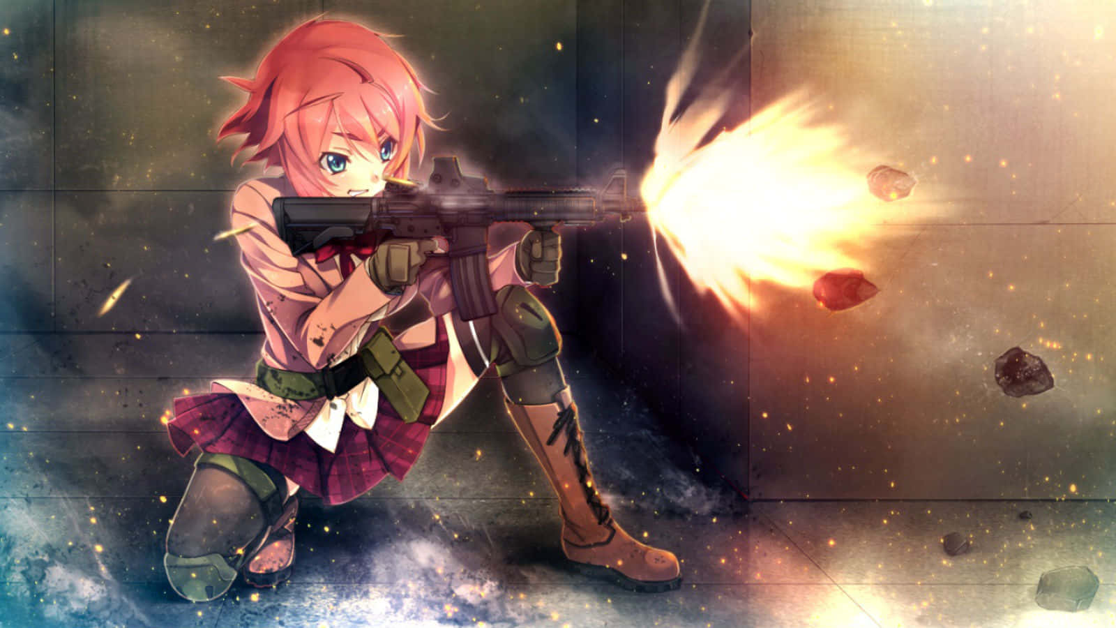 red-haired anime girl, school uniform, rifle, HD Desktop Wallpaper