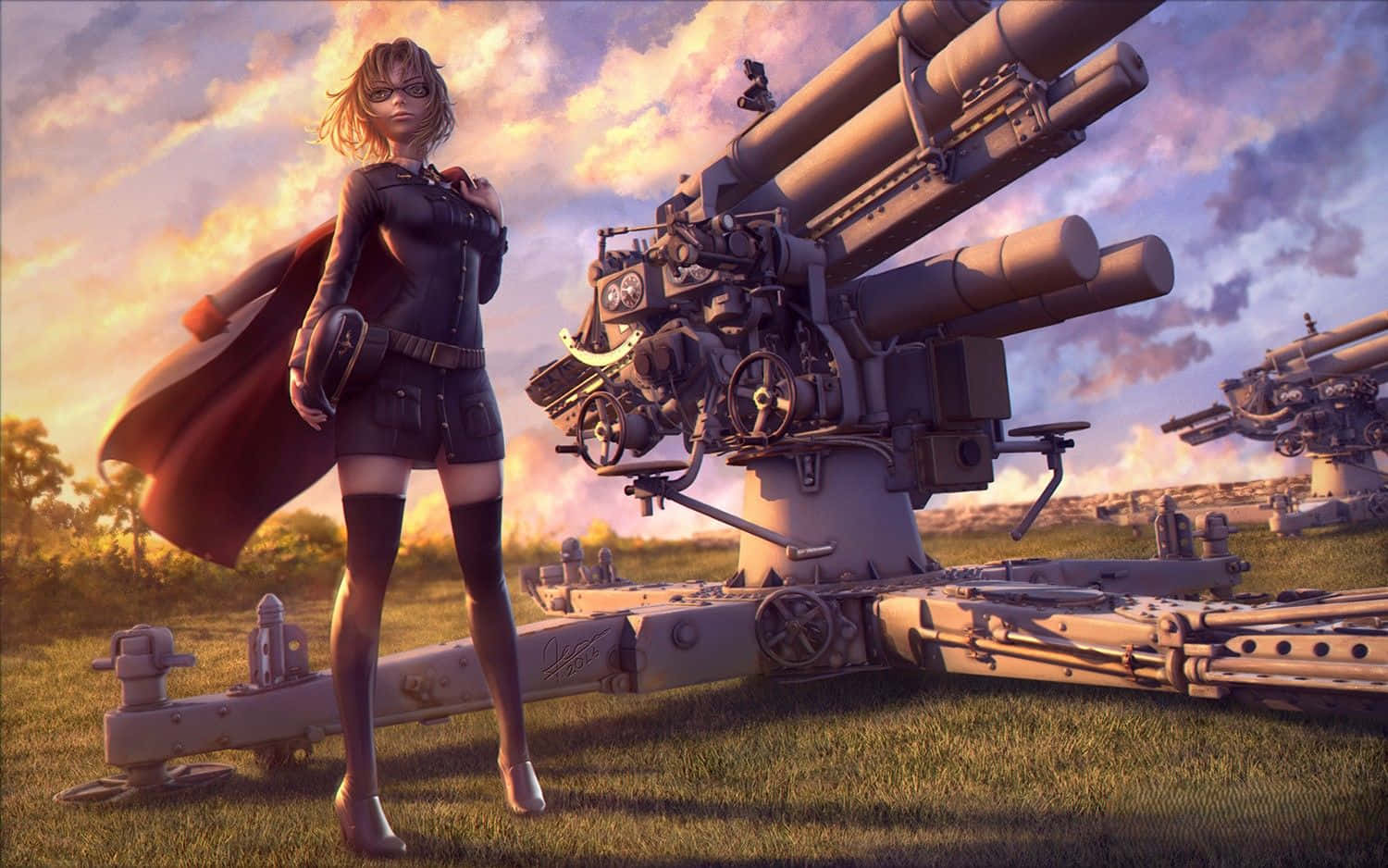 anime girl, heavy artillery, black outfit, HD Desktop Wallpaper