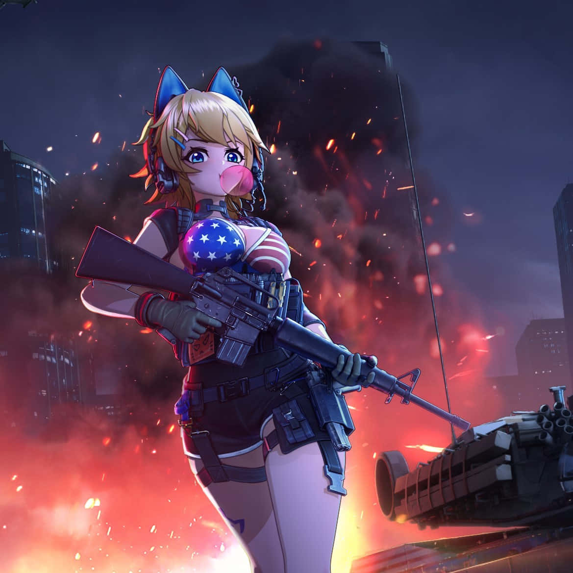 blonde anime girl, blue cat ears, rifle, SD Desktop Wallpaper