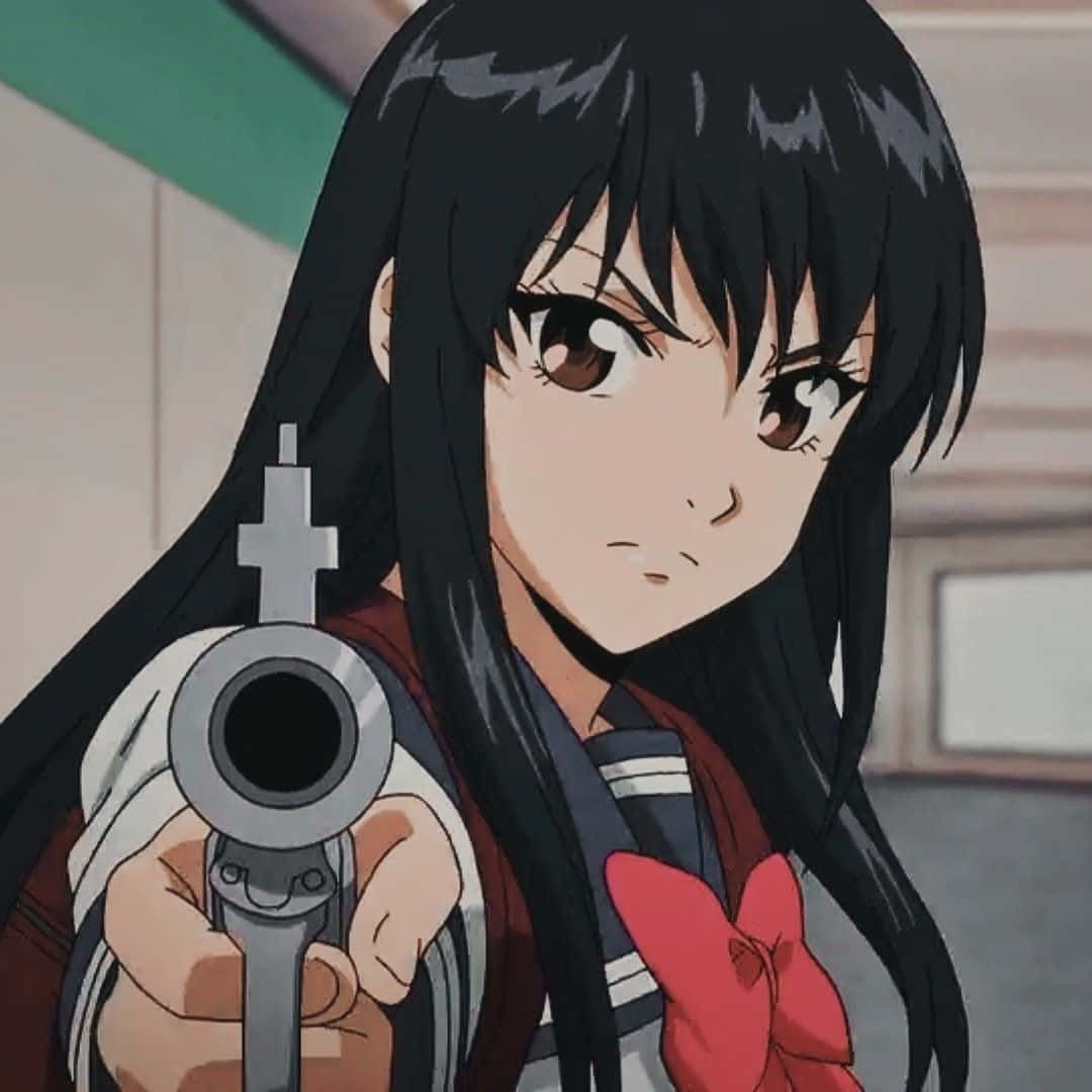 anime girl, long black hair, silver revolver, SD Desktop Wallpaper