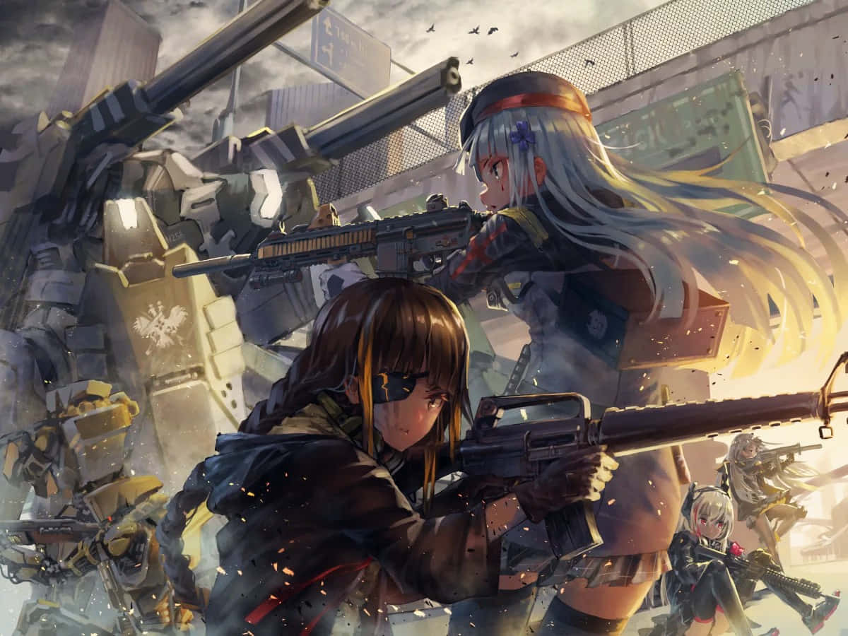 anime girls tactical gunfight, anime-style female soldiers, rifles, SD Desktop Wallpaper
