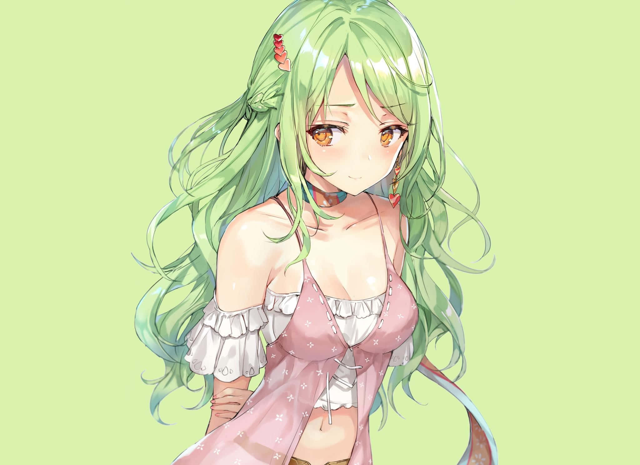 green haired girl, shy expression, long flowing green hair, Full HD Desktop Wallpaper