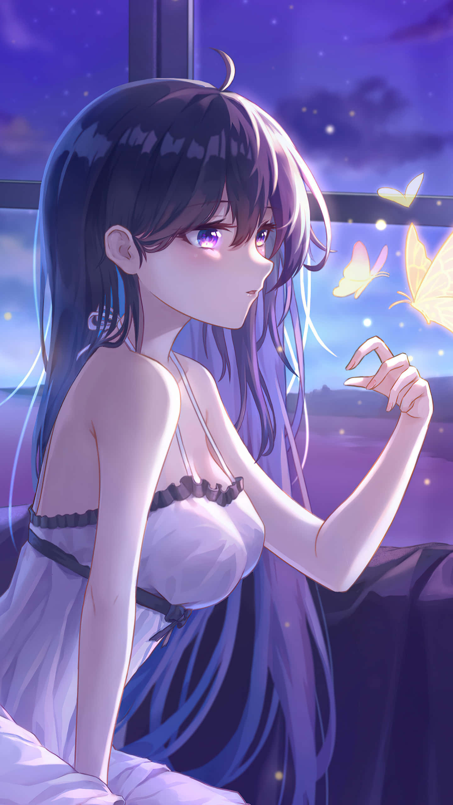 anime girls pfp, purple-eyed, white nightgown, 2K Phone Wallpaper
