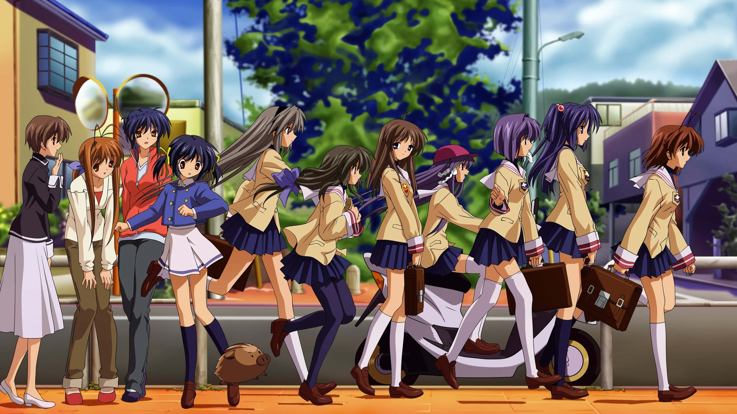 Anime Group, school uniforms, sunny suburban street, 2K Desktop Wallpaper