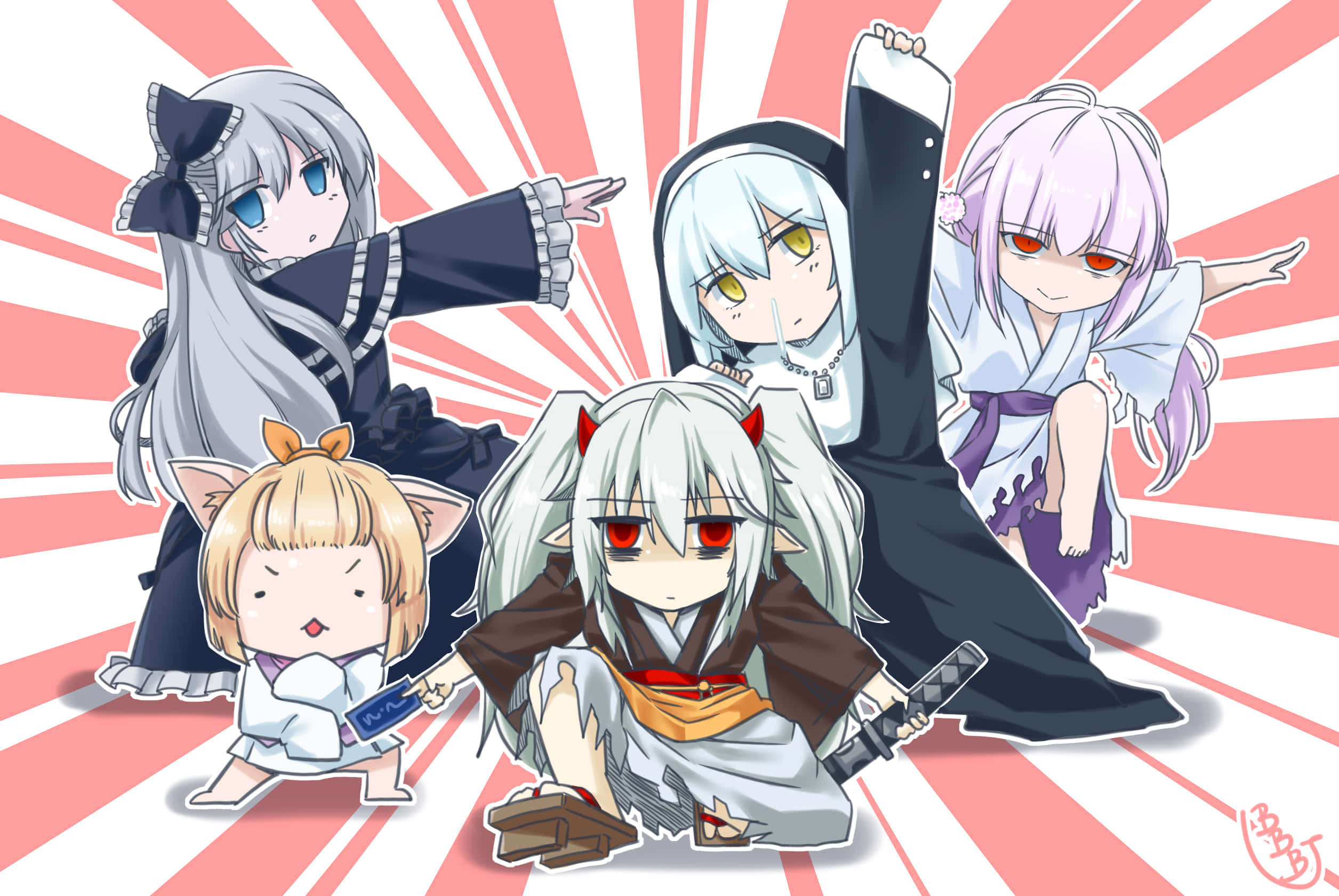 anime group, red and white radiating background, five anime characters, Full HD Desktop Wallpaper