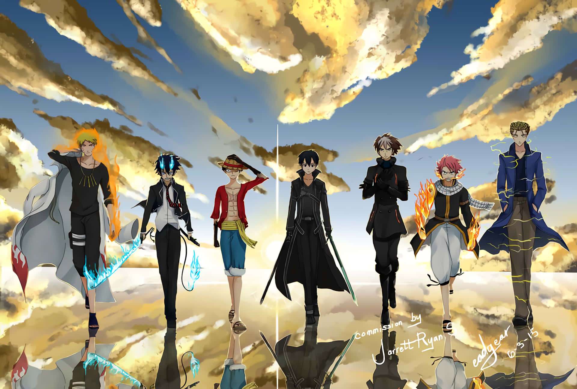 anime group, cloudy sky, golden sky, Full HD Desktop Wallpaper