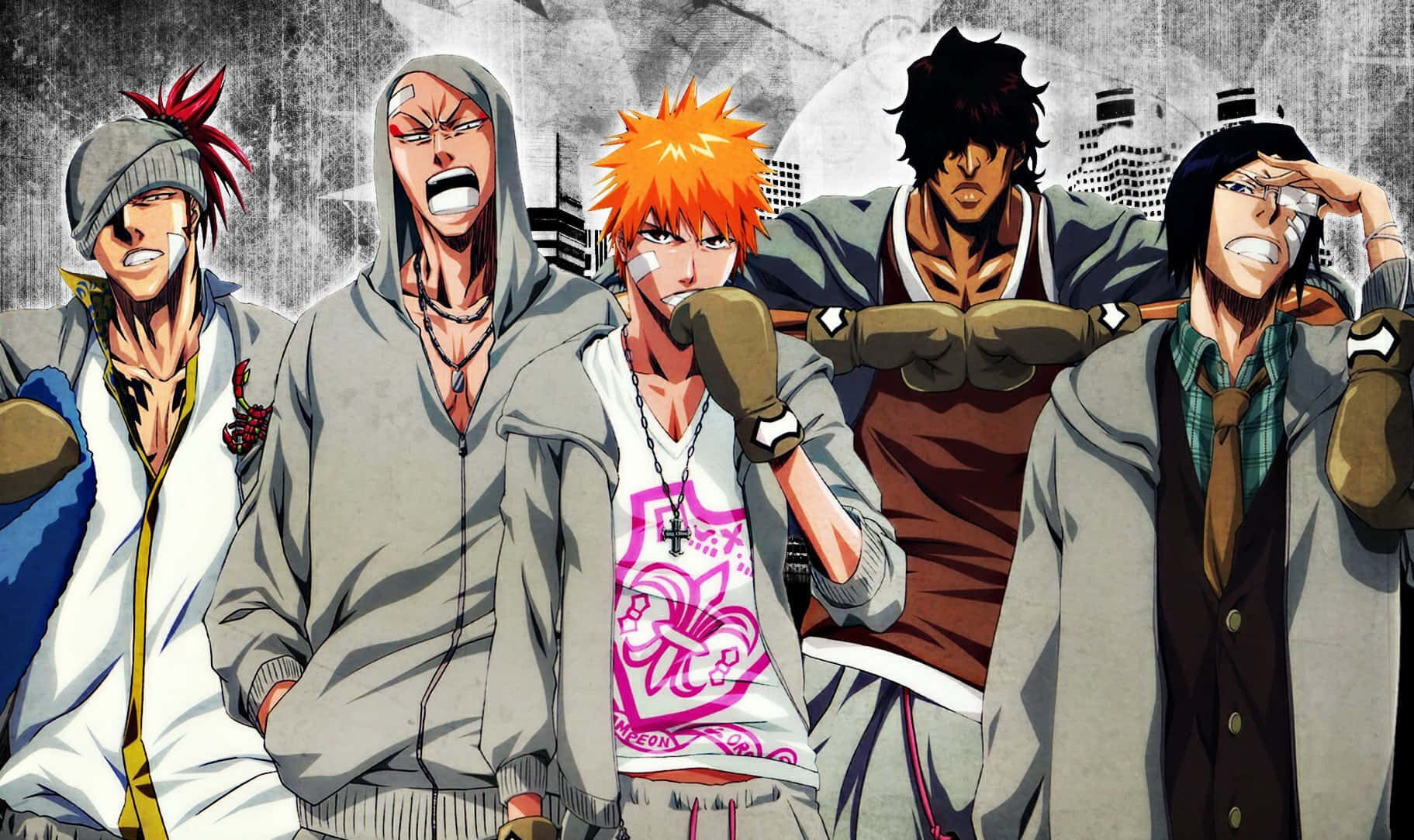 anime group, anime characters, gritty urban backdrop, HD Desktop Wallpaper
