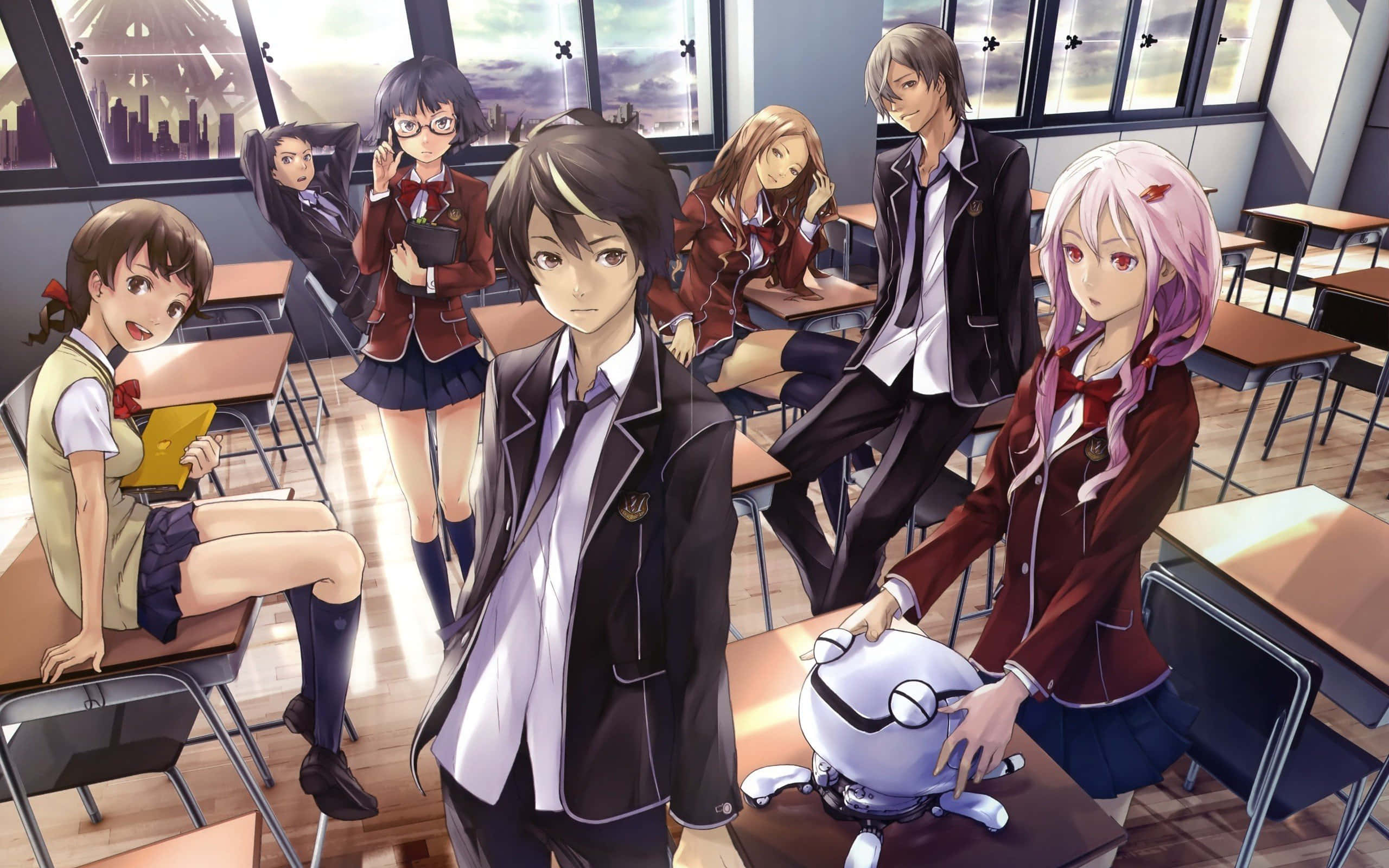 anime students, school uniforms, sunlit classroom, 2K Desktop Wallpaper