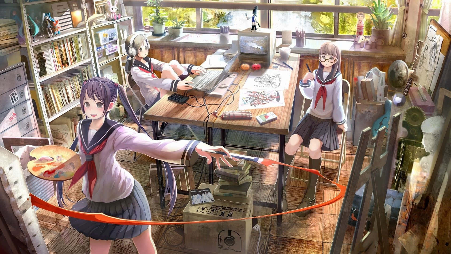 anime girls, sailor uniforms, art studio, Full HD Desktop Wallpaper