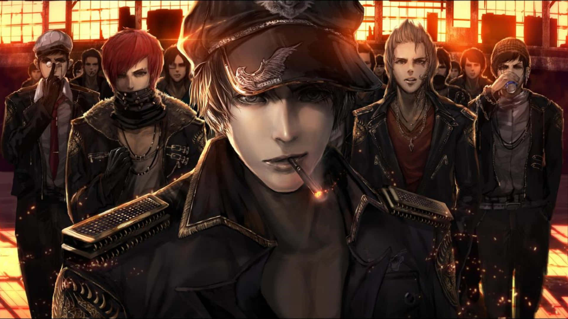 Anime Group, dark jackets, gritty industrial setting, Full HD Desktop Wallpaper