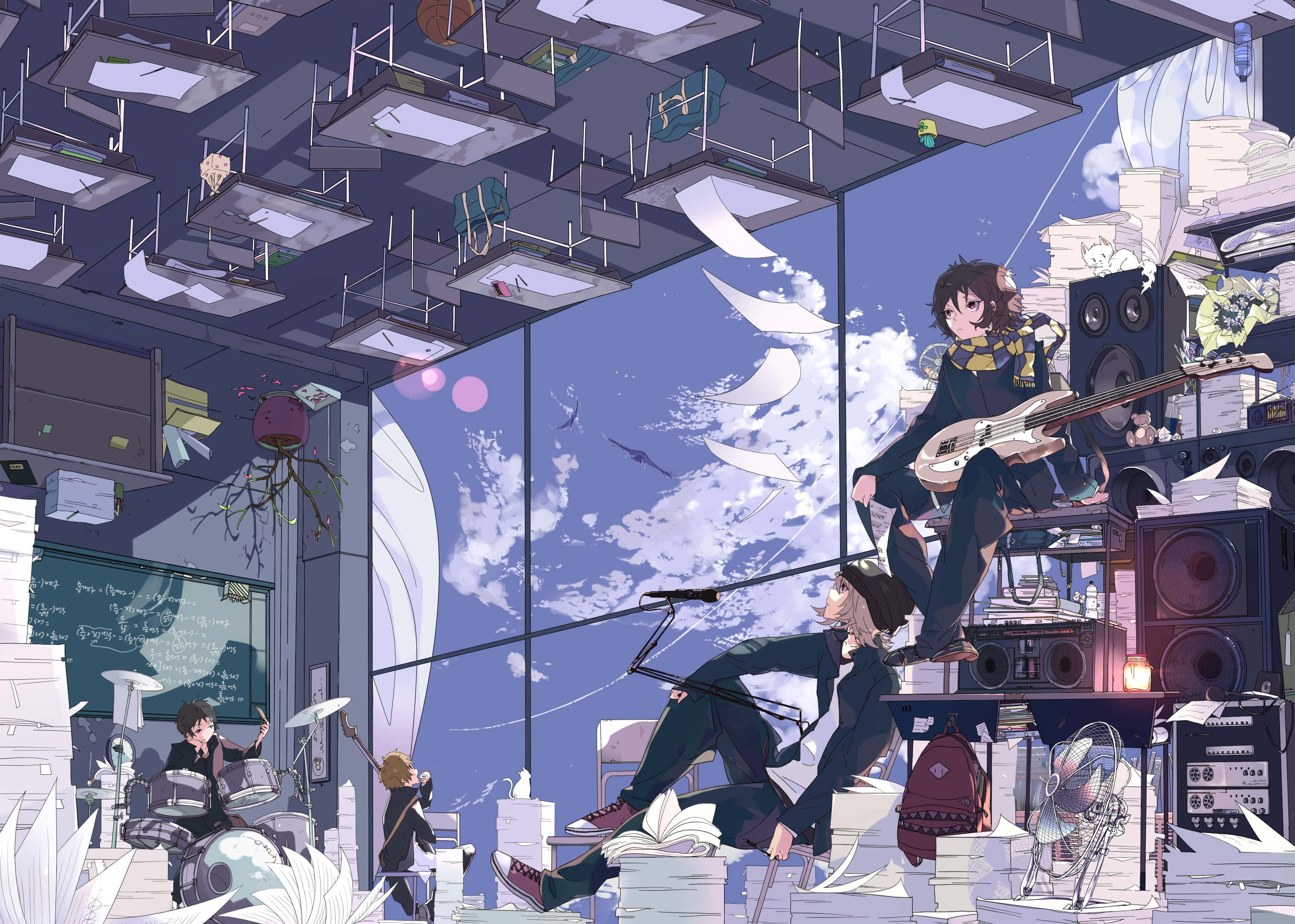 Anime Band, chaotic room, floating papers, 2K Desktop Wallpaper