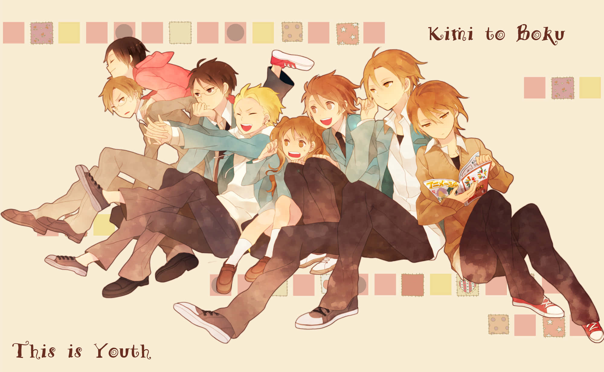 anime boys, school uniforms, patterned floor, Full HD Desktop Wallpaper