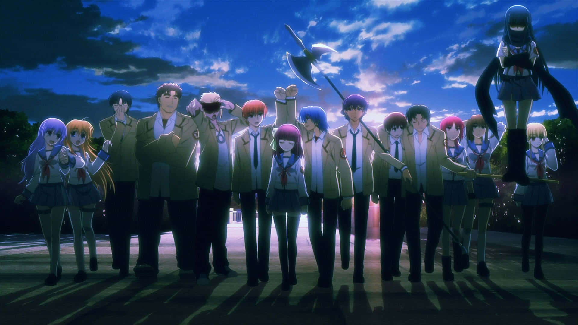anime group, school uniforms, twilight, Full HD Desktop Wallpaper