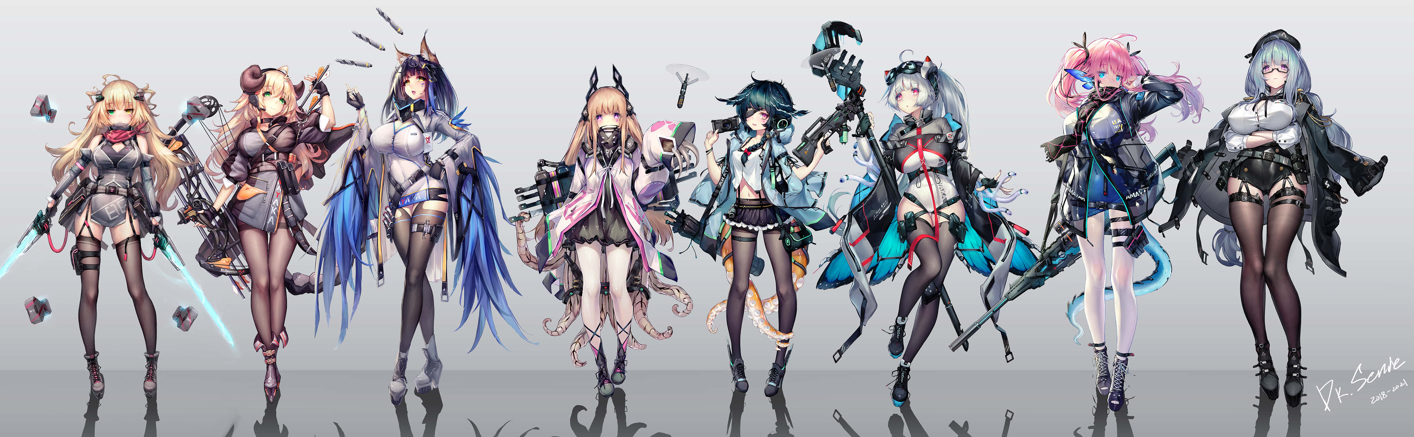 anime-style female warriors, futuristic outfits, plain gray background, 4K Desktop Wallpaper