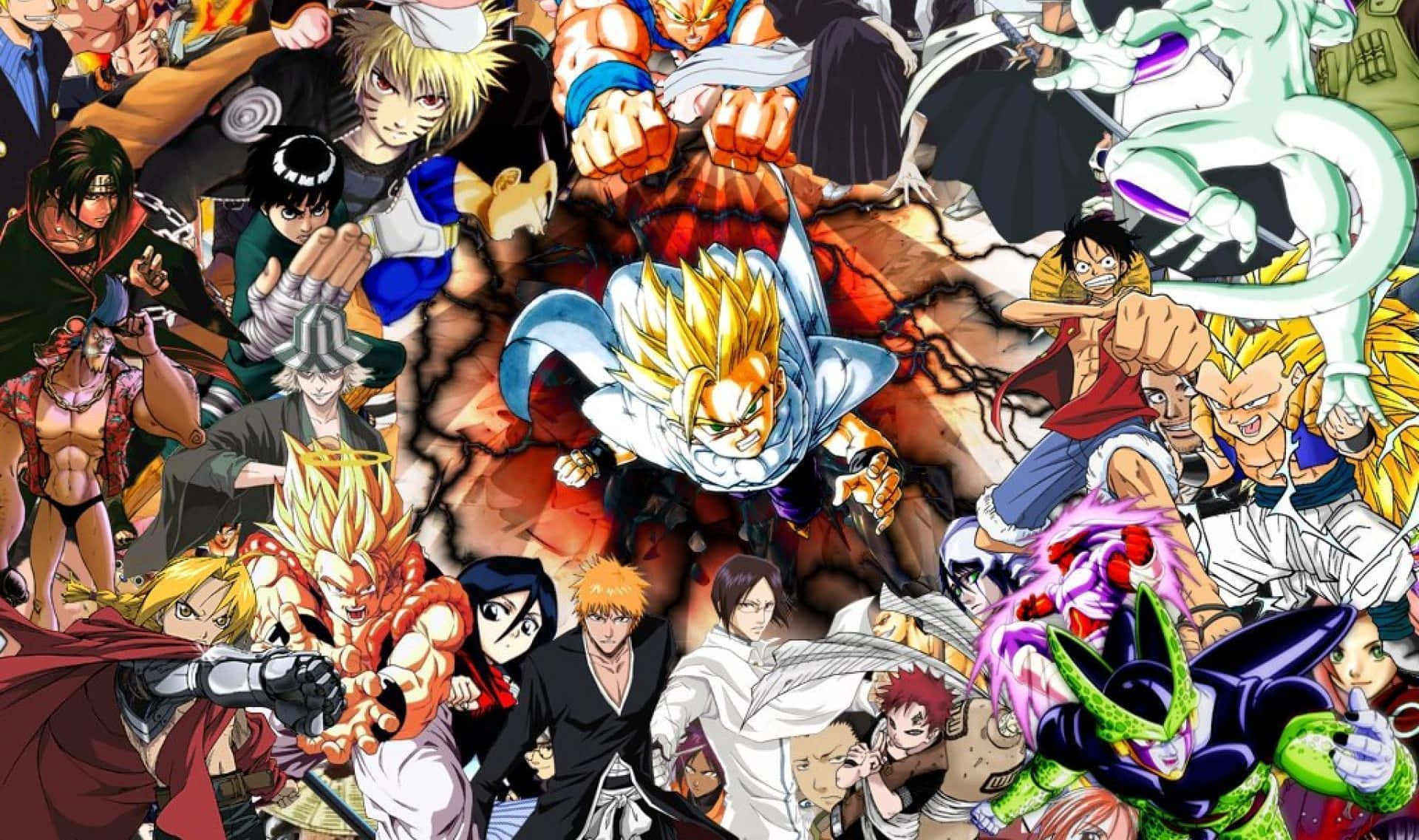 anime characters, dynamic collage, action poses, Full HD Desktop Wallpaper