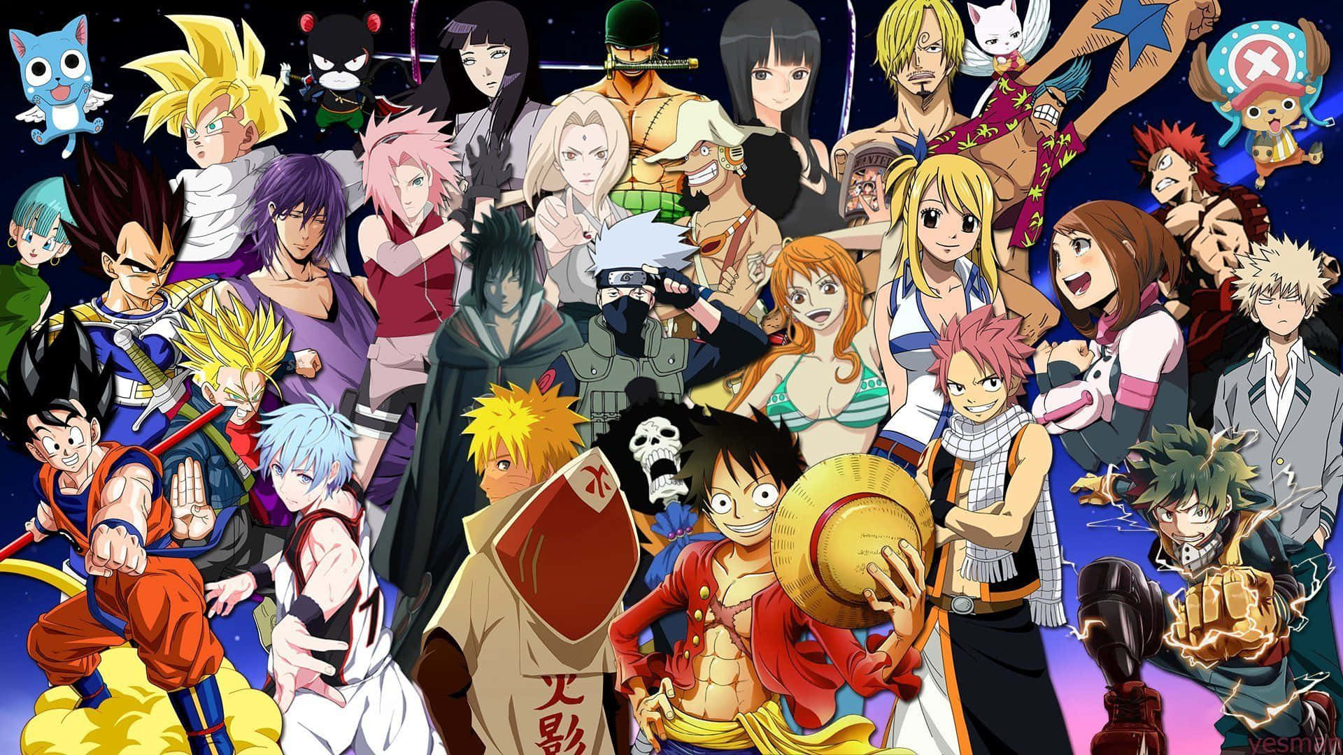 anime characters, various series, starry cosmic backdrop, Full HD Desktop Wallpaper