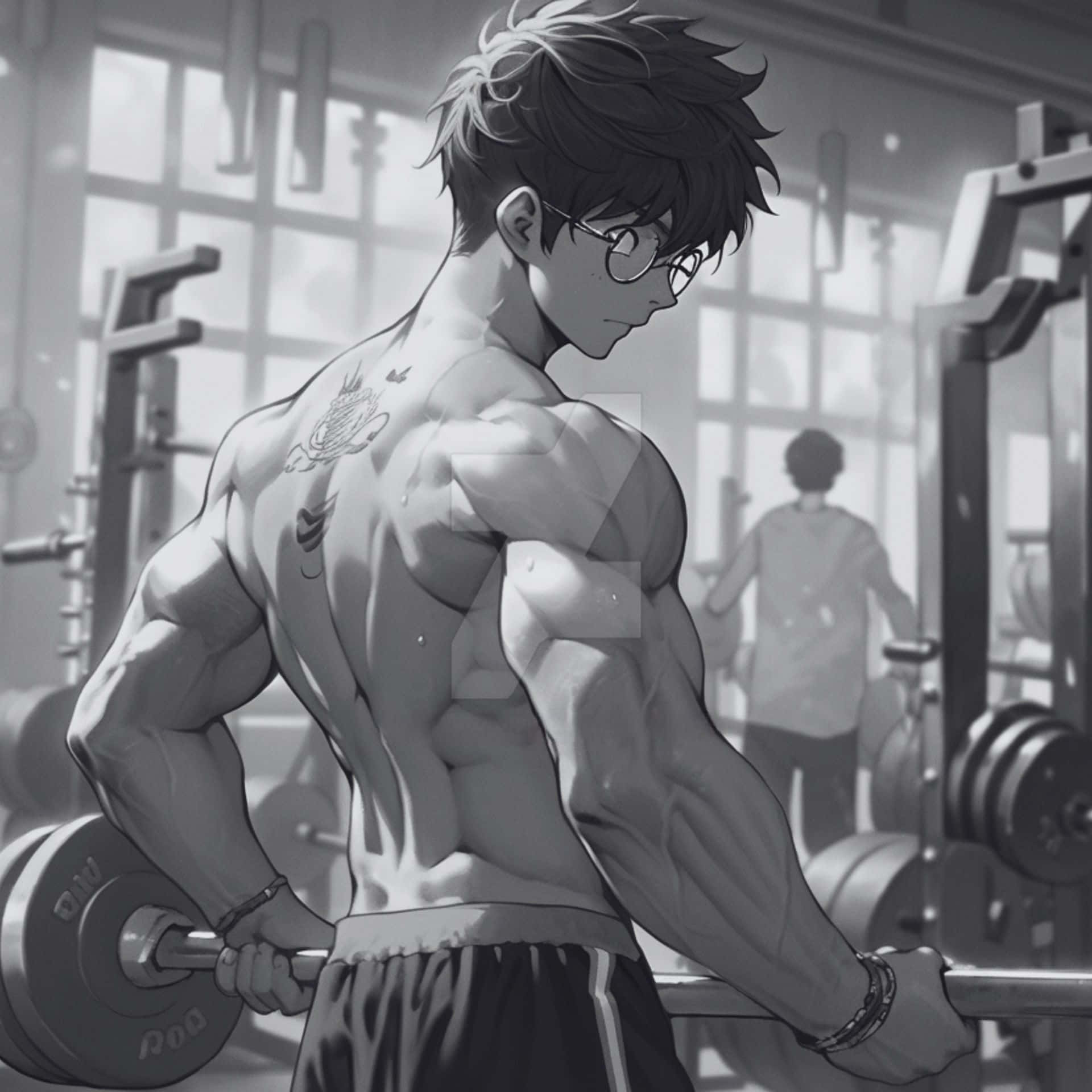 Anime Gym, muscular anime man, glasses, Full HD Desktop Wallpaper